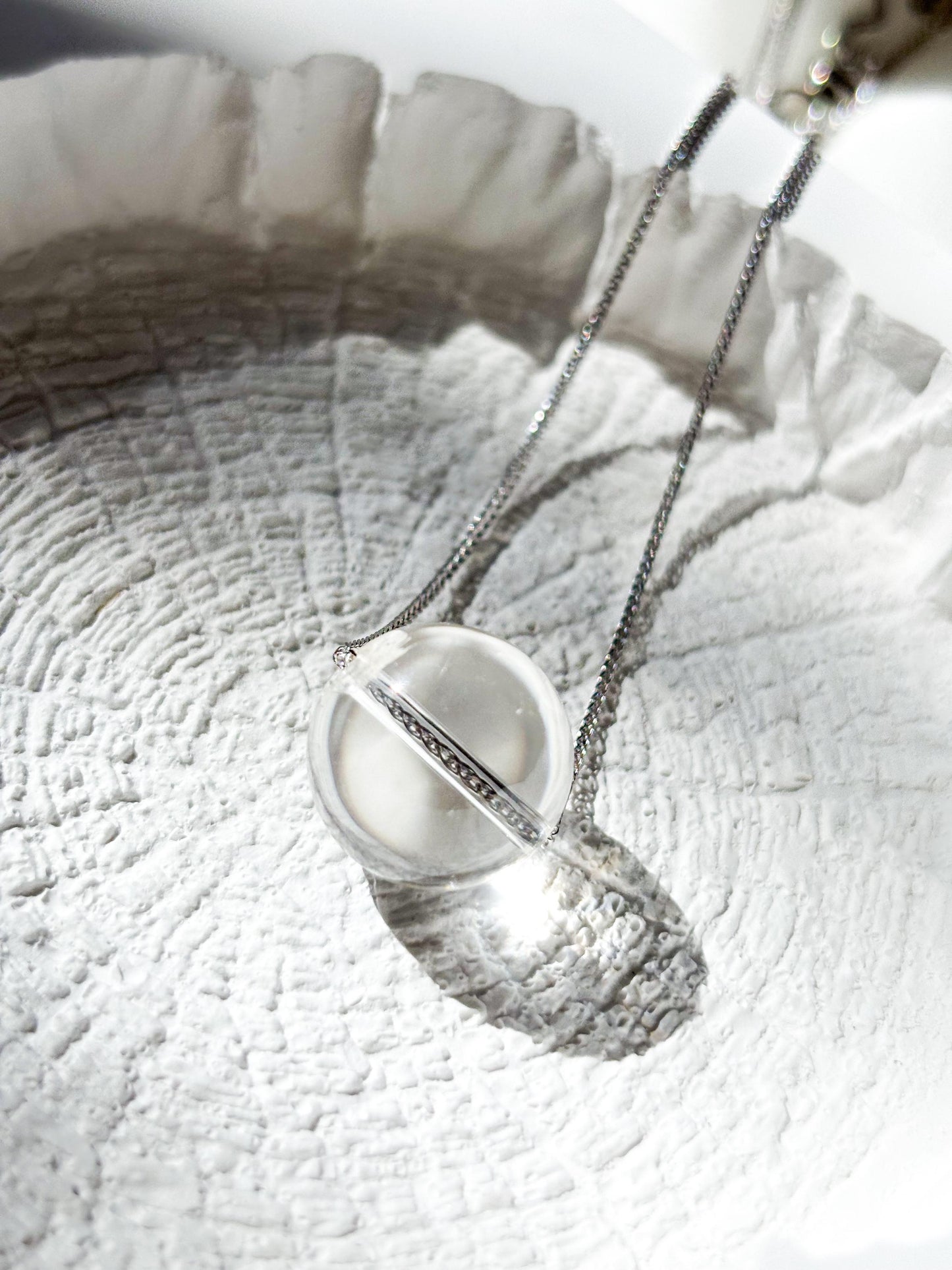 Minimalist Sterling Silver Necklace with Clear Quartz Crystal Ball Pendant-45cm Layering Necklace