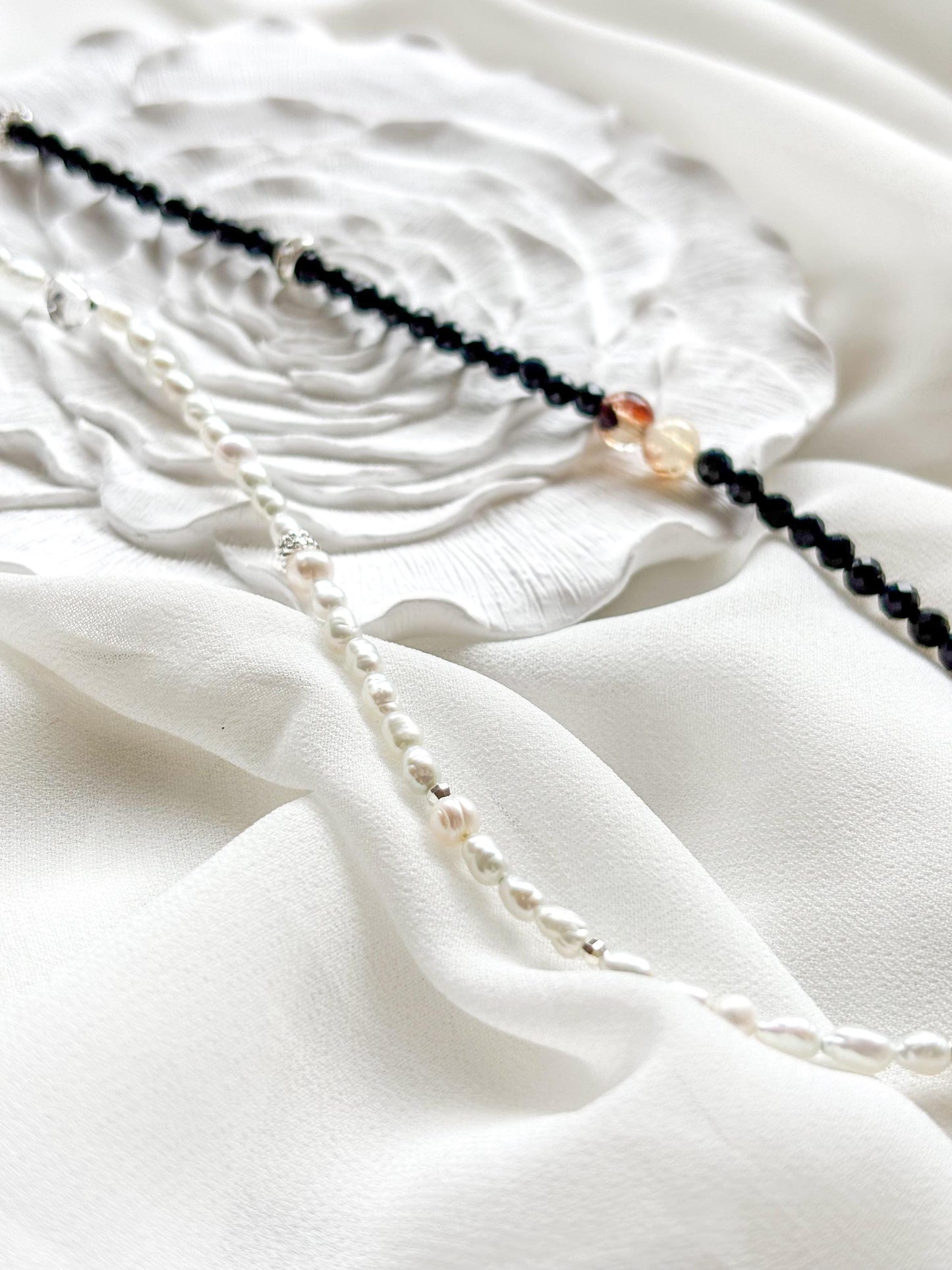 Eclipse Harmony – Black Tourmaline & Keshi Pearl Necklace