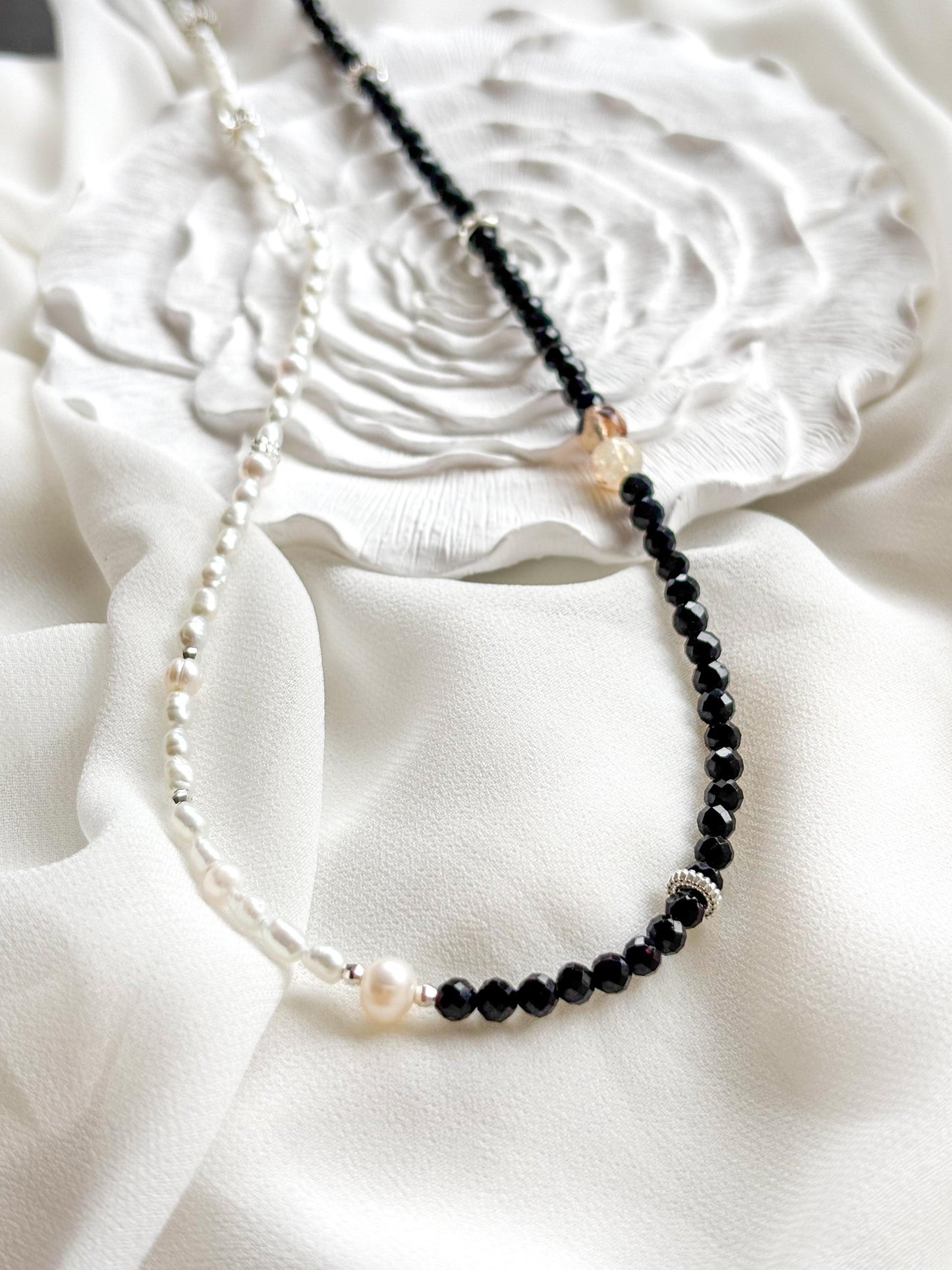 Eclipse Harmony – Black Tourmaline & Keshi Pearl Necklace