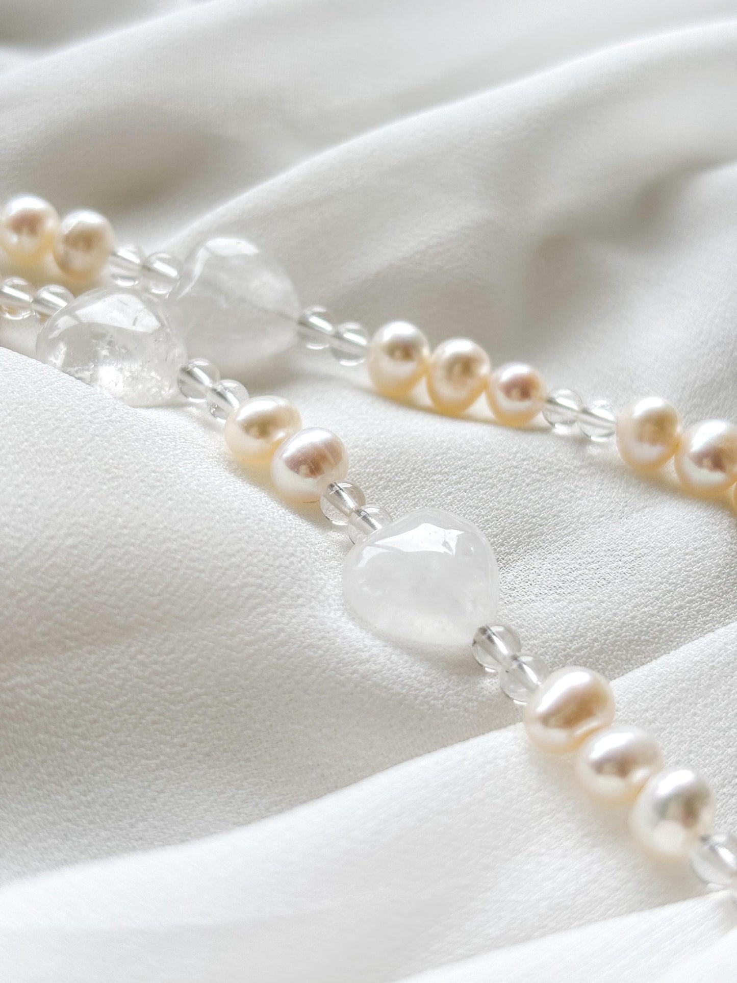 First Love–Freshwater Pearl & Clear Quartz Heart Necklace