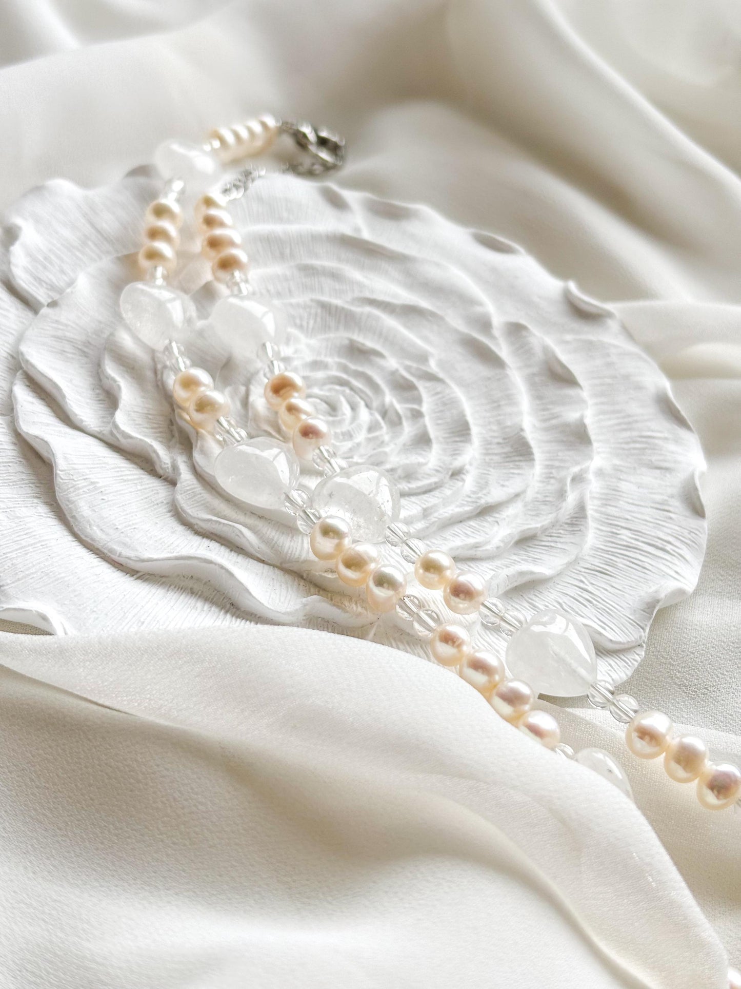 First Love–Freshwater Pearl & Clear Quartz Heart Necklace