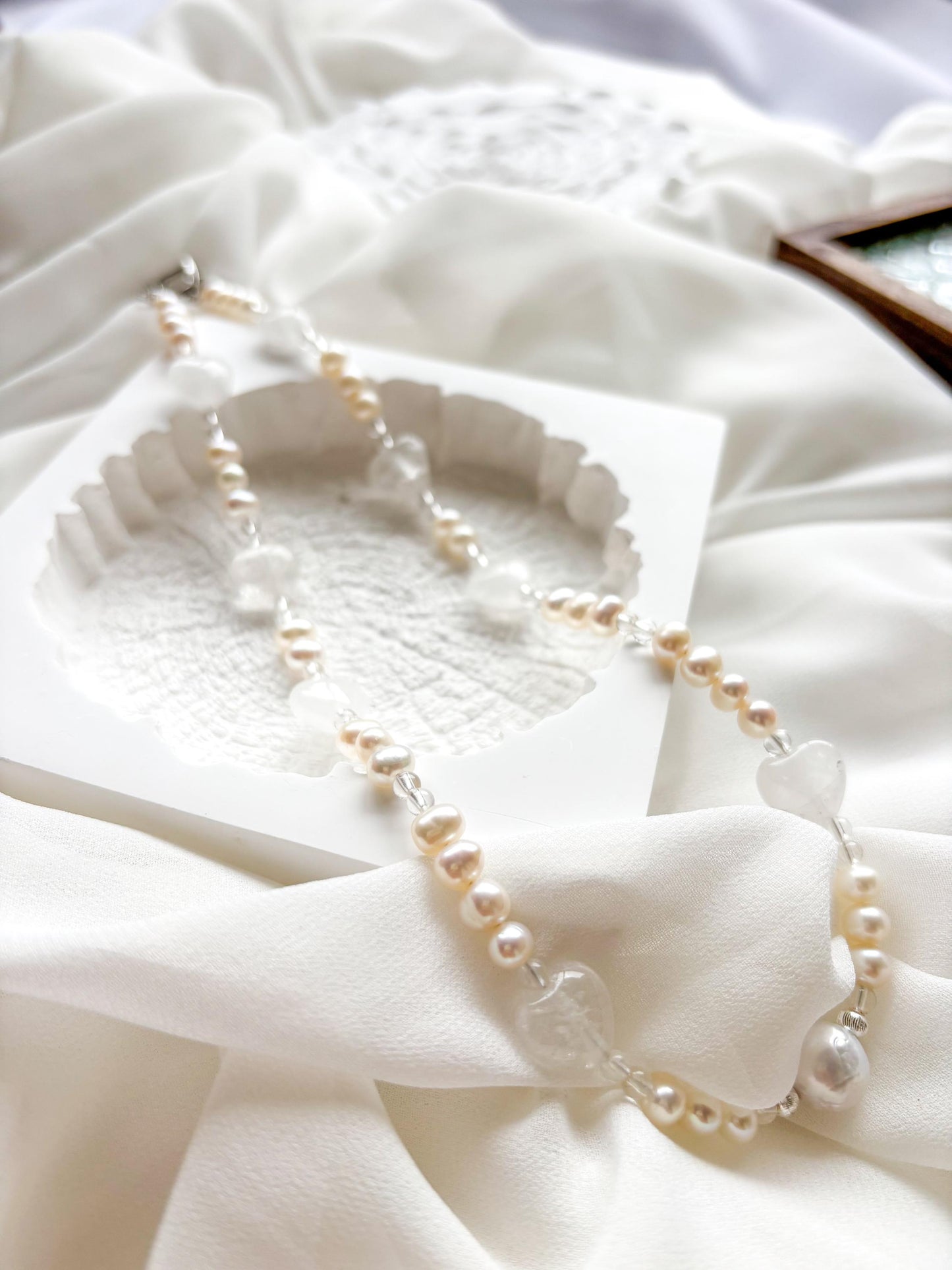 First Love–Freshwater Pearl & Clear Quartz Heart Necklace