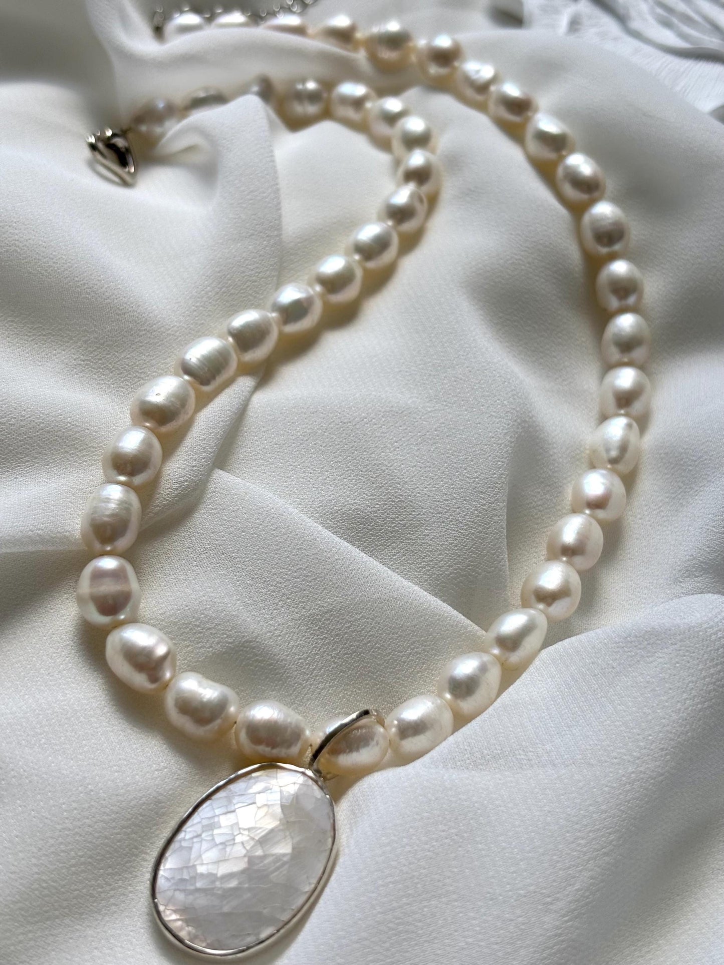 Handcrafted White Pearl Necklace with Sterling Silver Mother of Pearl Pendant