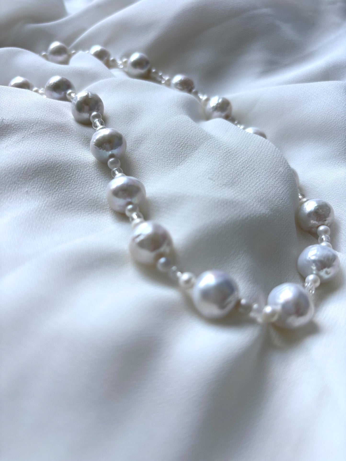 High-Quality Baroque Pearl and Natural Clear Quartz Necklace with Sterling Silver Clasp