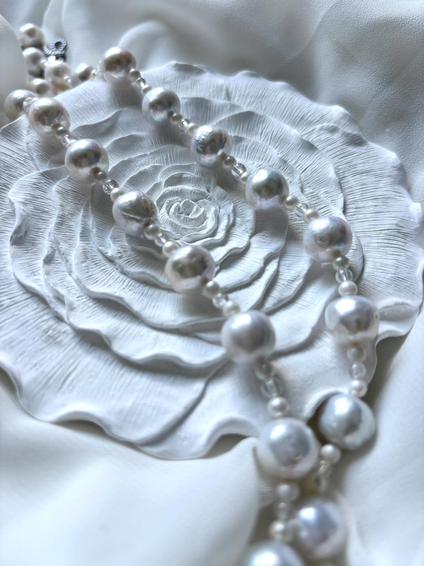 High-Quality Baroque Pearl and Natural Clear Quartz Necklace with Sterling Silver Clasp