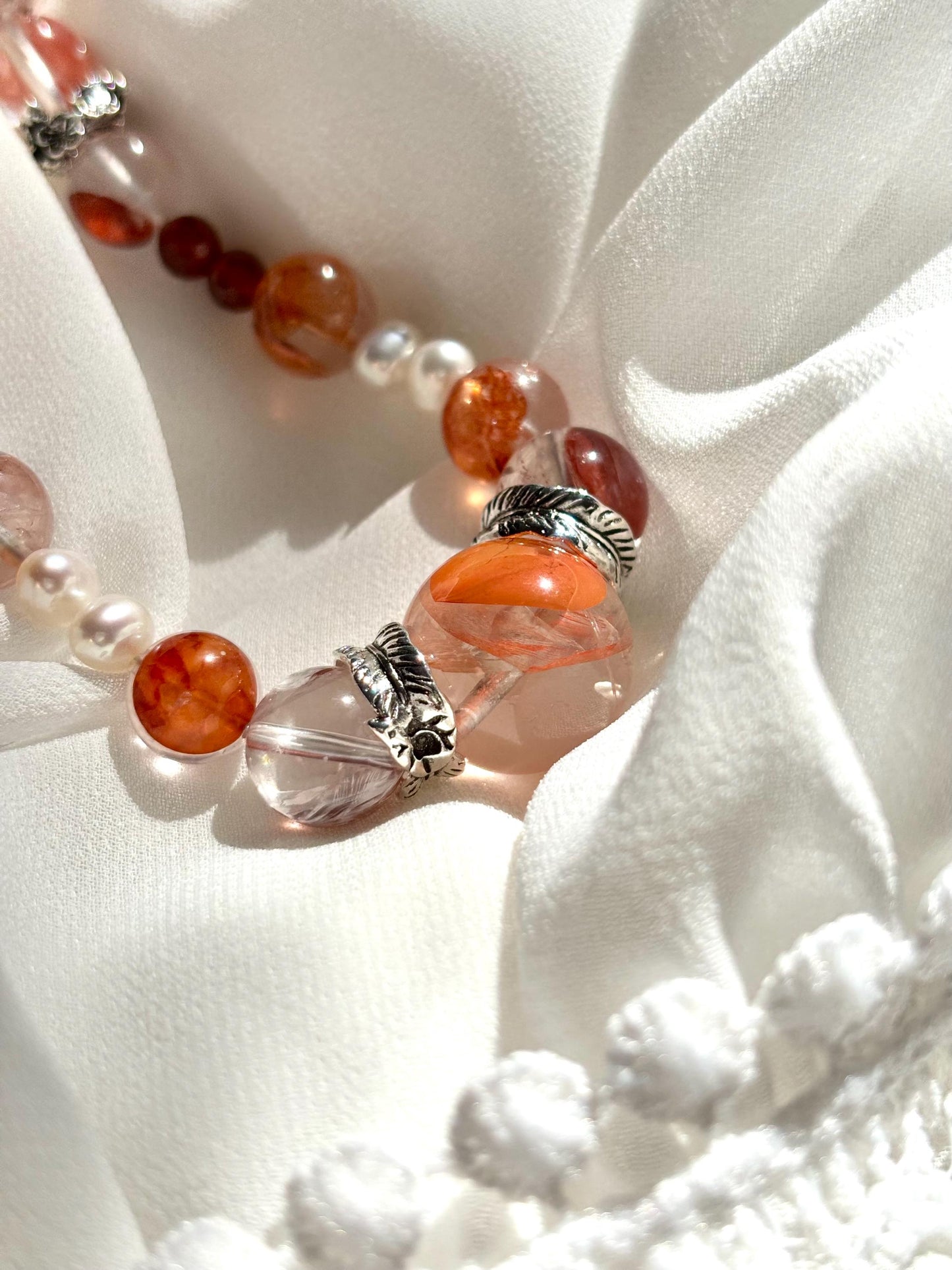Ember Bloom – Hematoid Quartz, Pearl & Garnet Necklace