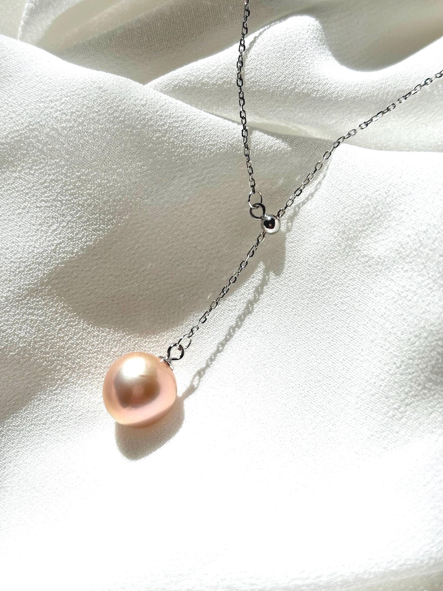 Golden Dawn – Melon-Hued Freshwater Pearl Y-Style Necklace (AAA Luster) 925 Sterling Silver