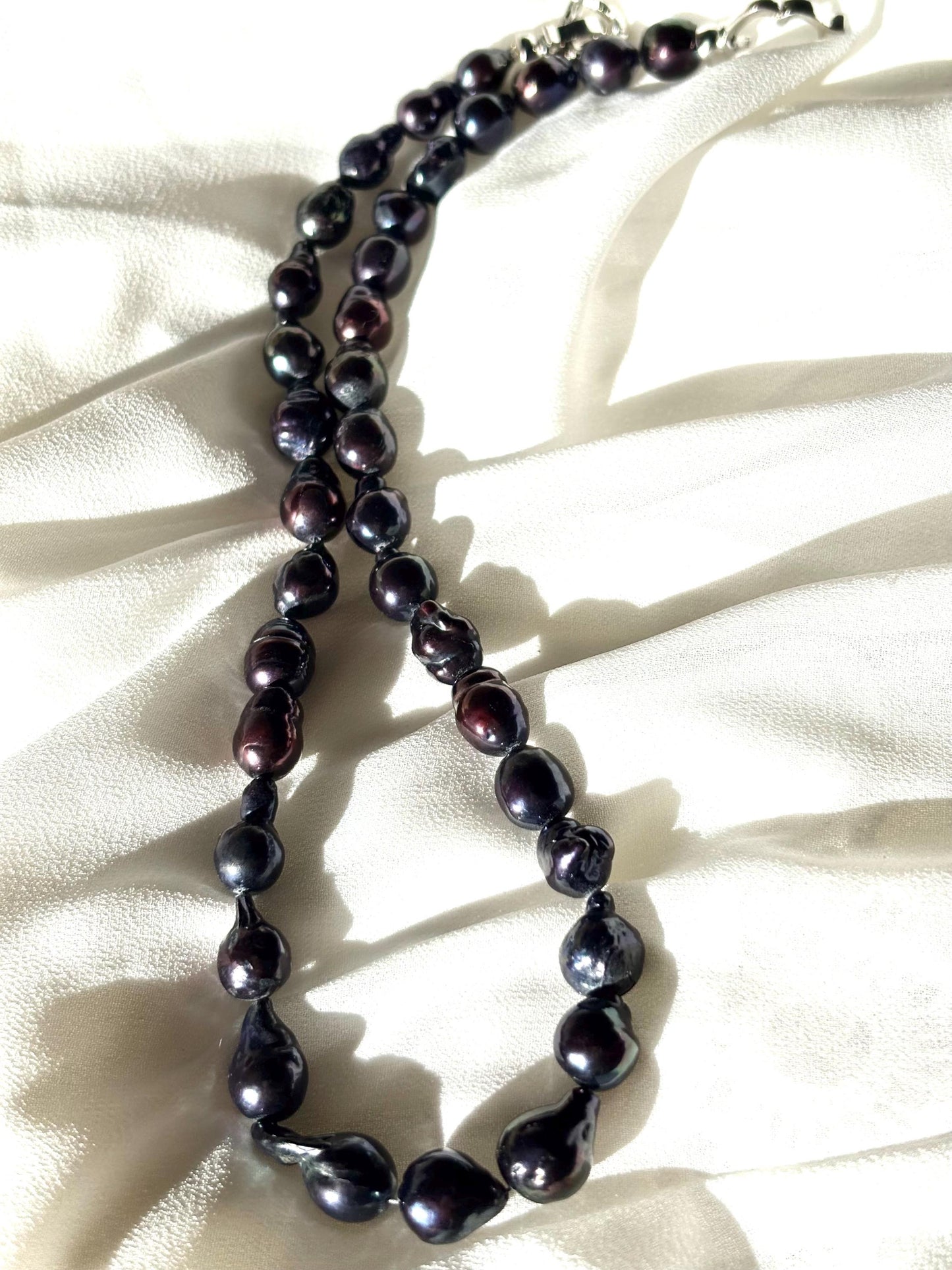 Black Baroque Teardrop Pearl Necklace with Blue Undertones (AA luster)