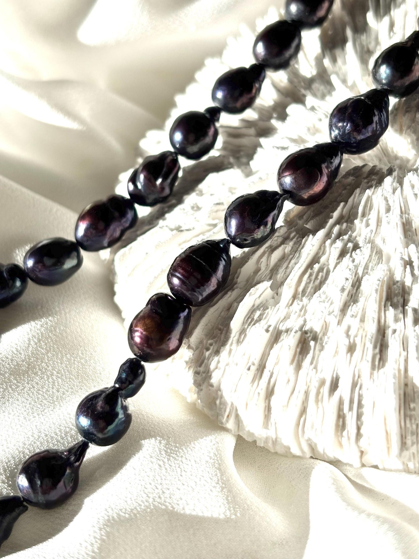 Black Baroque Teardrop Pearl Necklace with Blue Undertones (AA luster)