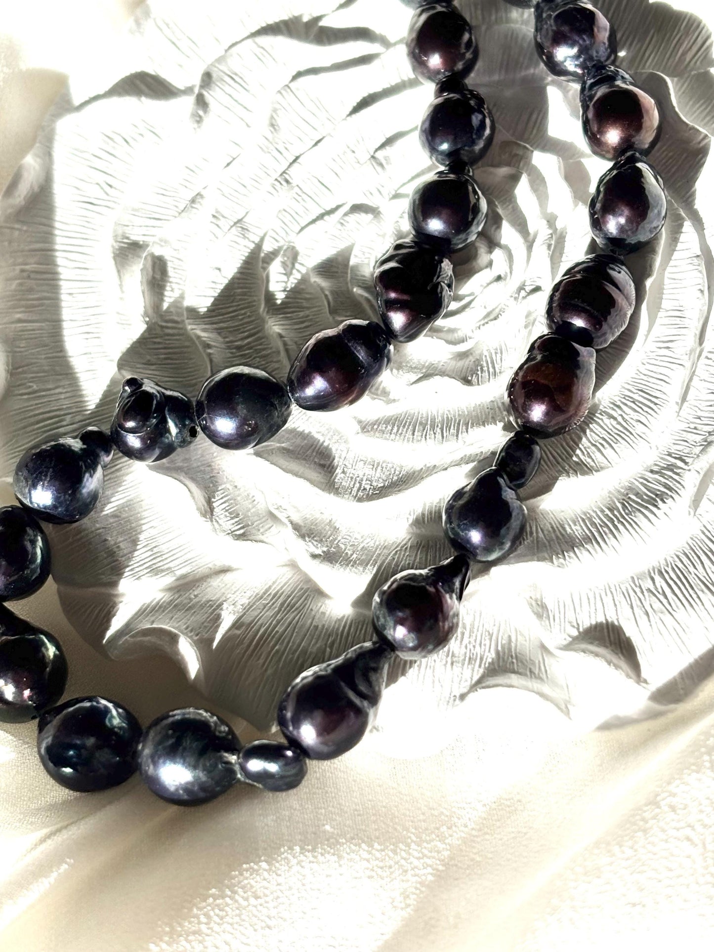 Black Baroque Teardrop Pearl Necklace with Blue Undertones (AA luster)