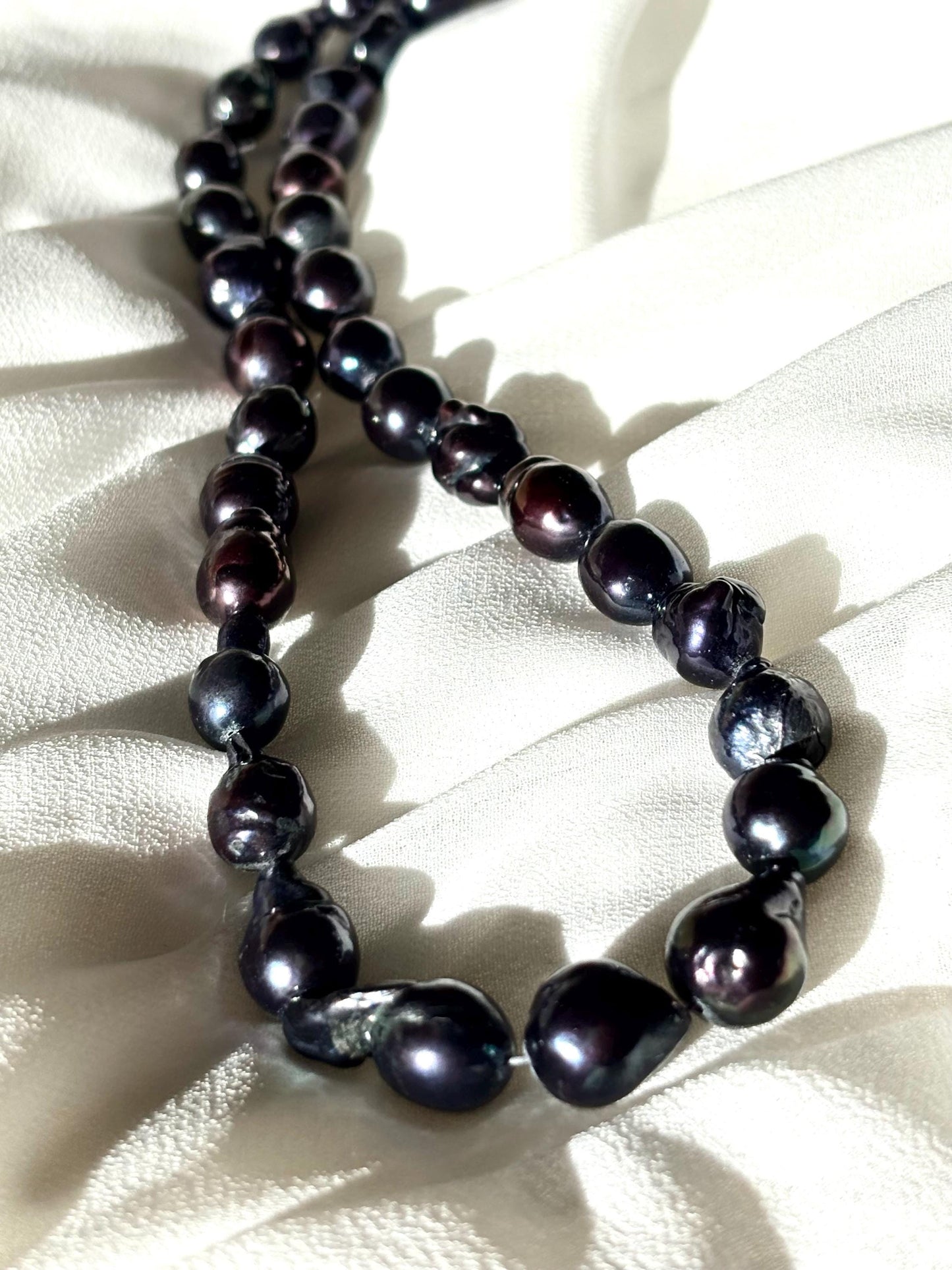 Black Baroque Teardrop Pearl Necklace with Blue Undertones (AA luster)