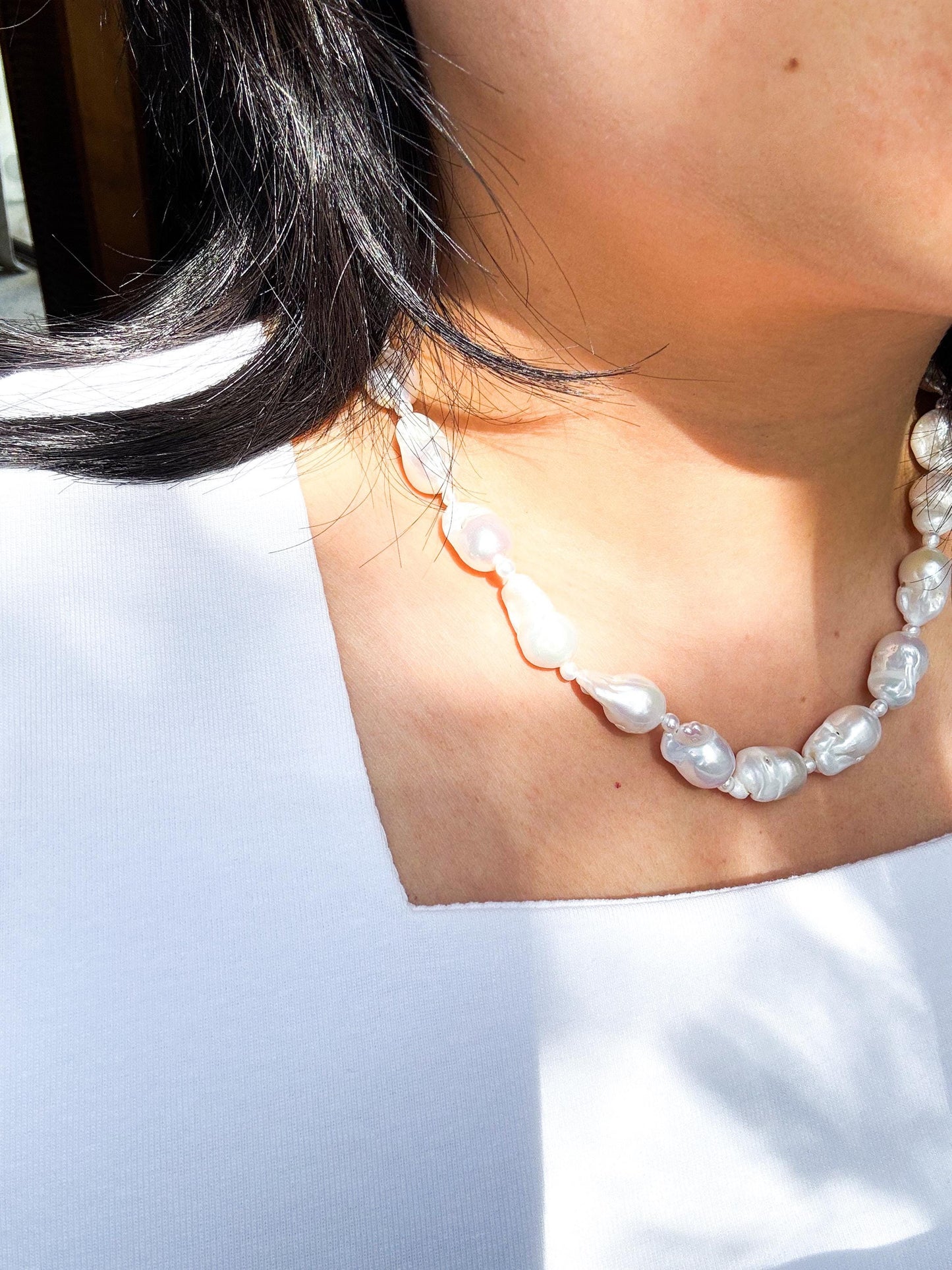 Mystic Ocean Tides – White Baroque Fish-Tail Pearl Necklace 925 Sterling Silver ( AA+ Luster )