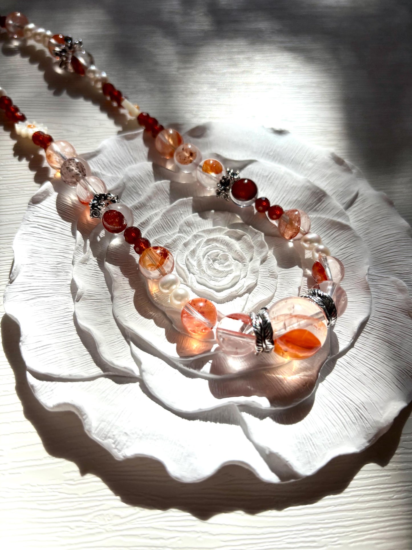 Ember Bloom – Hematoid Quartz, Pearl & Garnet Necklace