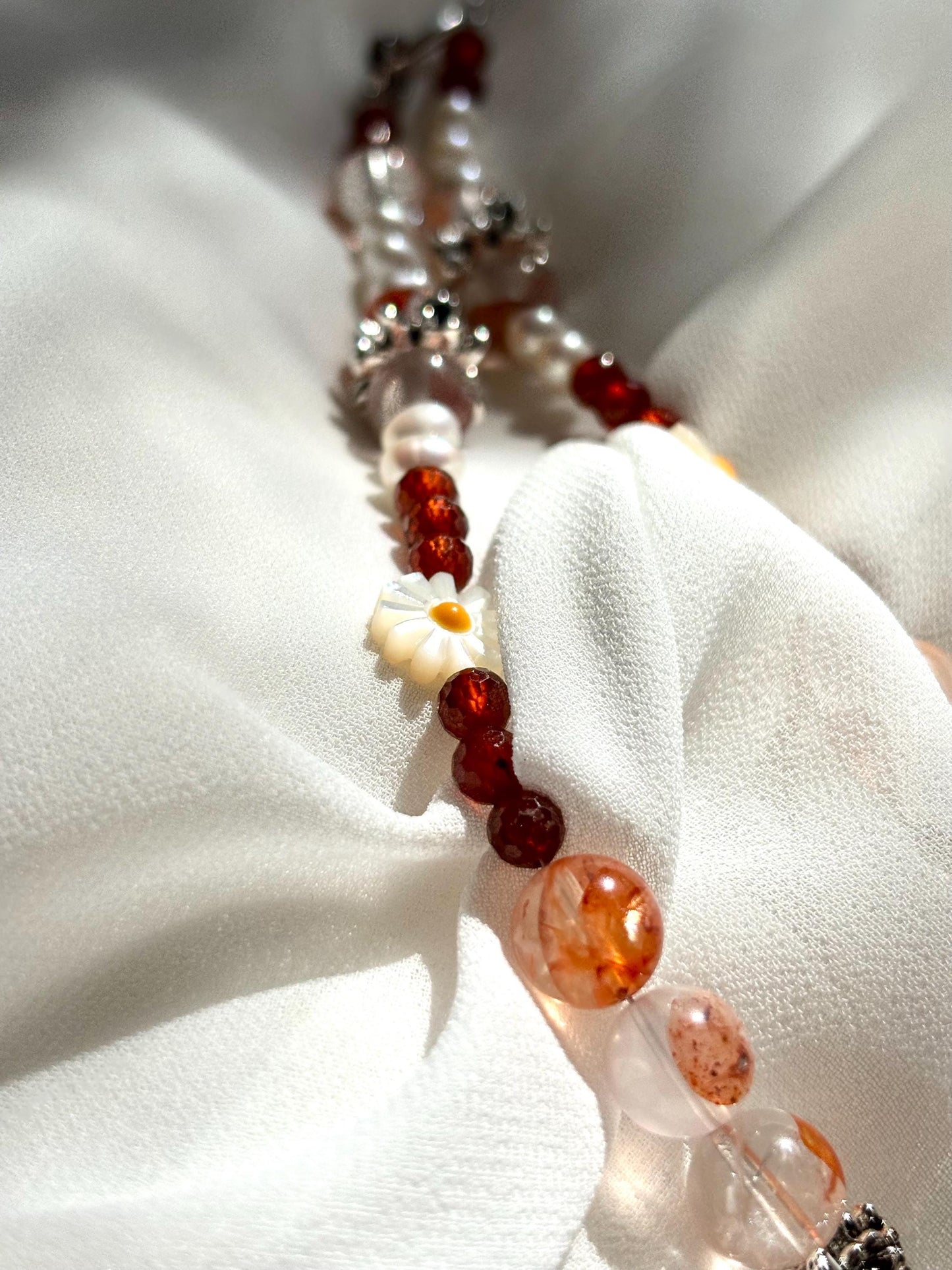 Ember Bloom – Hematoid Quartz, Pearl & Garnet Necklace