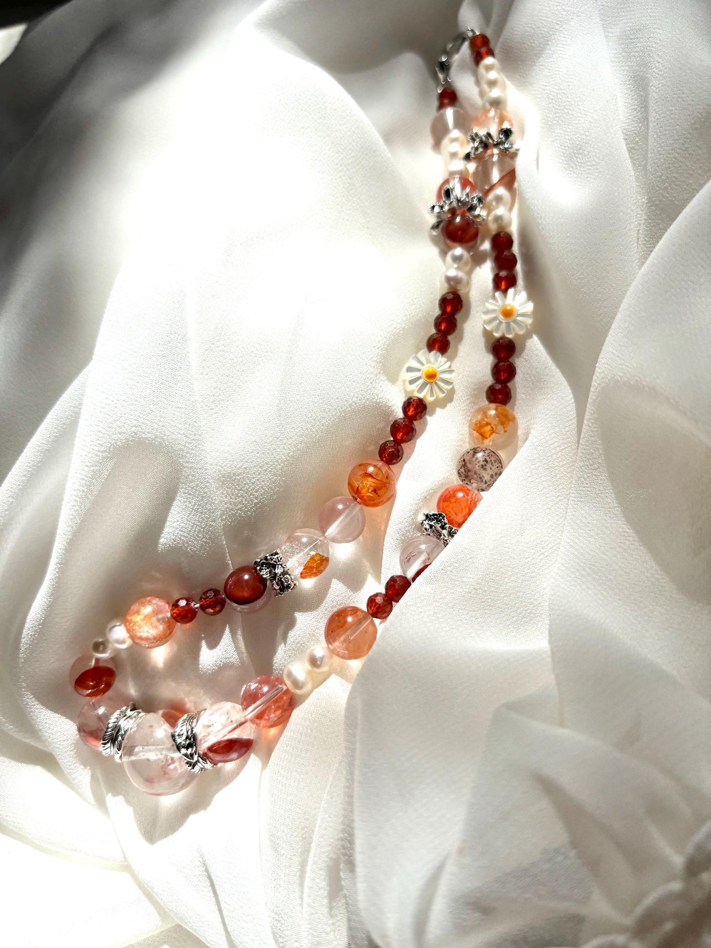 Ember Bloom – Hematoid Quartz, Pearl & Garnet Necklace