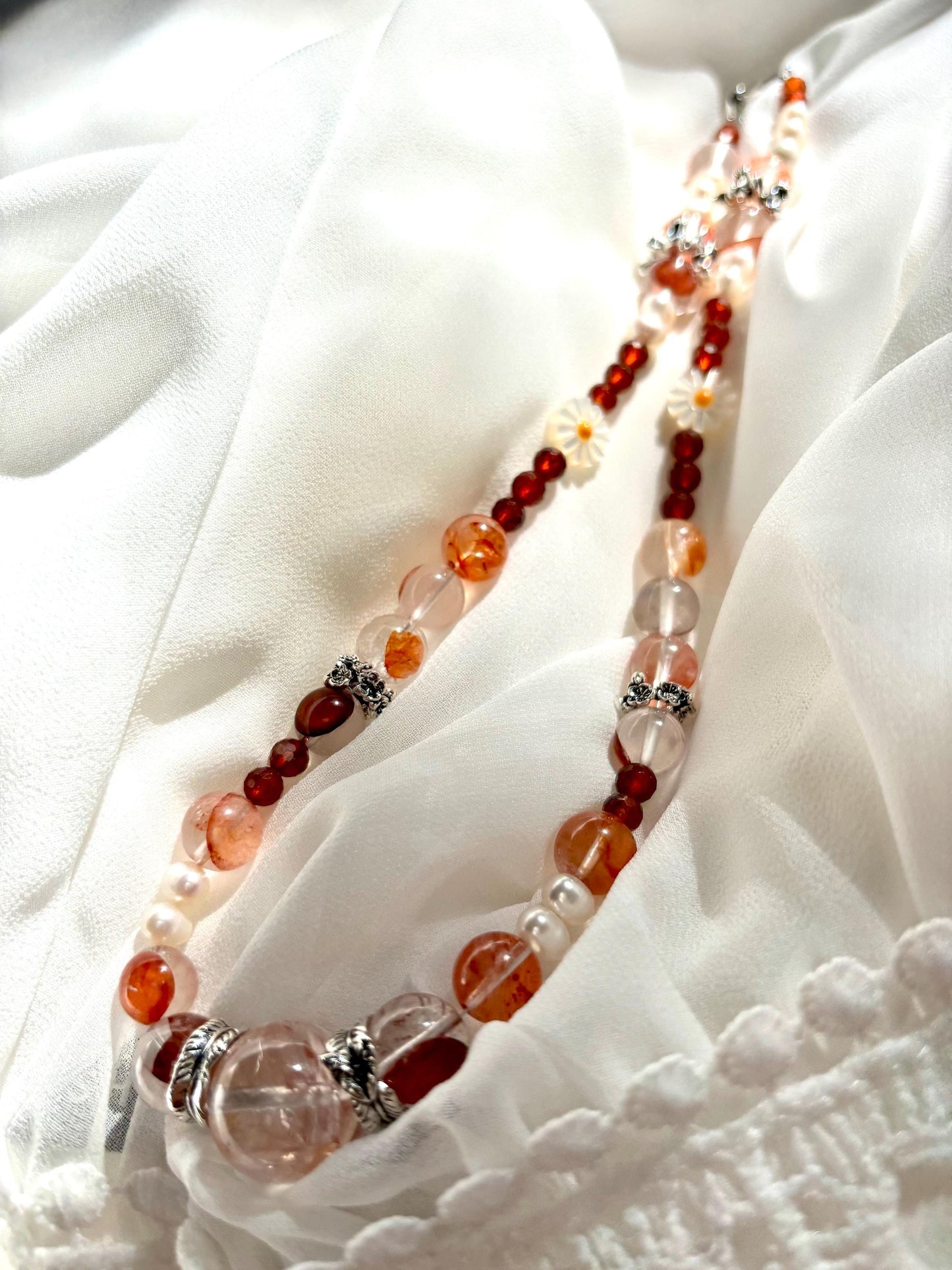 Ember Bloom – Hematoid Quartz, Pearl & Garnet Necklace