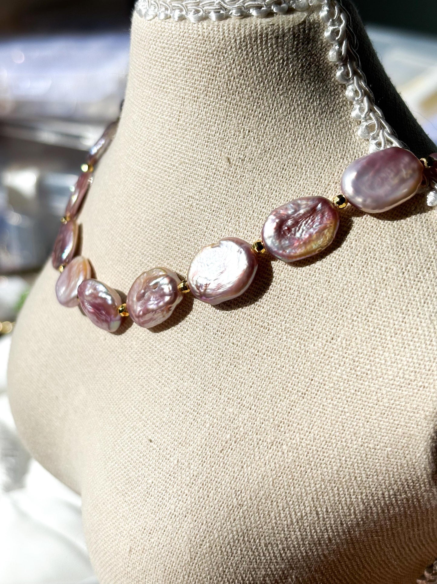 Twilight Aura – Purple Baroque Coin Pearl Necklace with Gold Accents