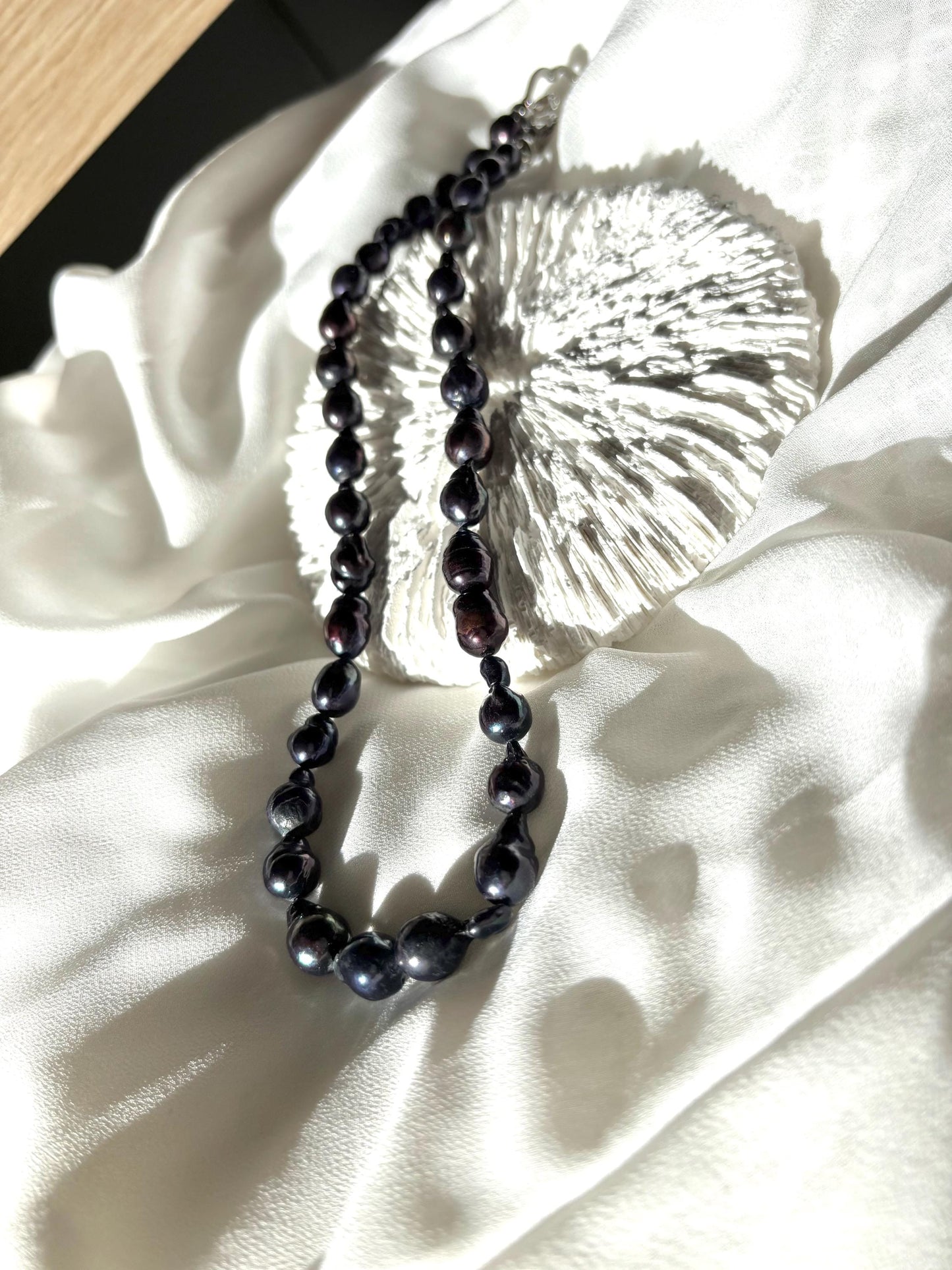 Black Baroque Teardrop Pearl Necklace with Blue Undertones (AA luster)
