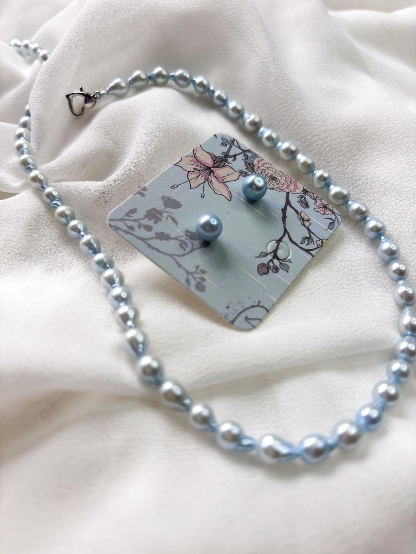Bluebell Bloom – Teardrop Pearl Necklace & Baby Blue Stud Earrings Set