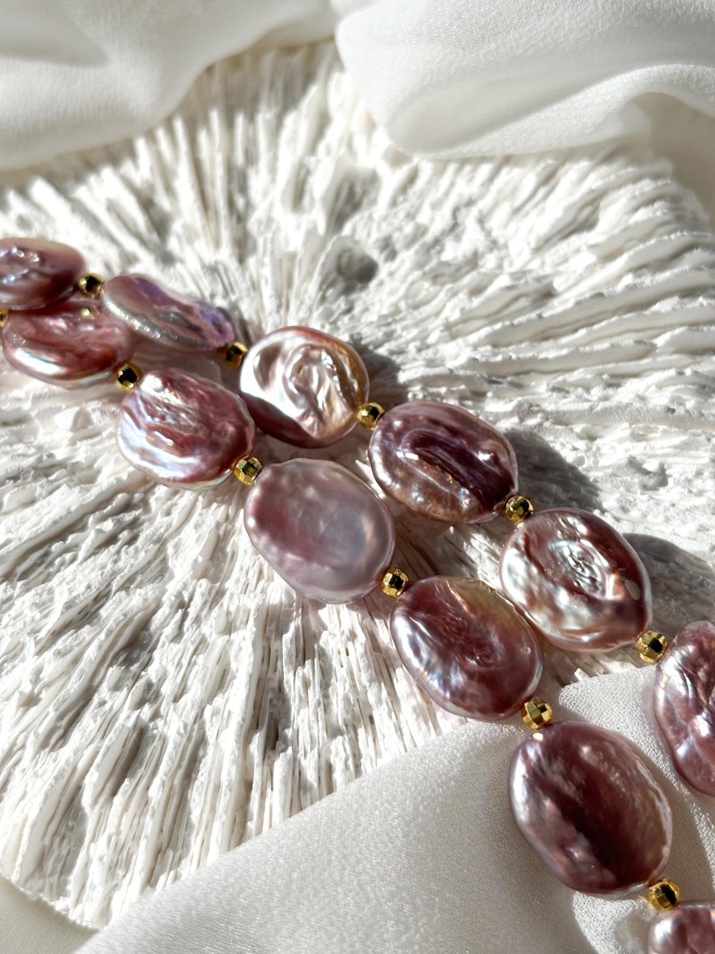 Twilight Aura – Purple Baroque Coin Pearl Necklace with Gold Accents