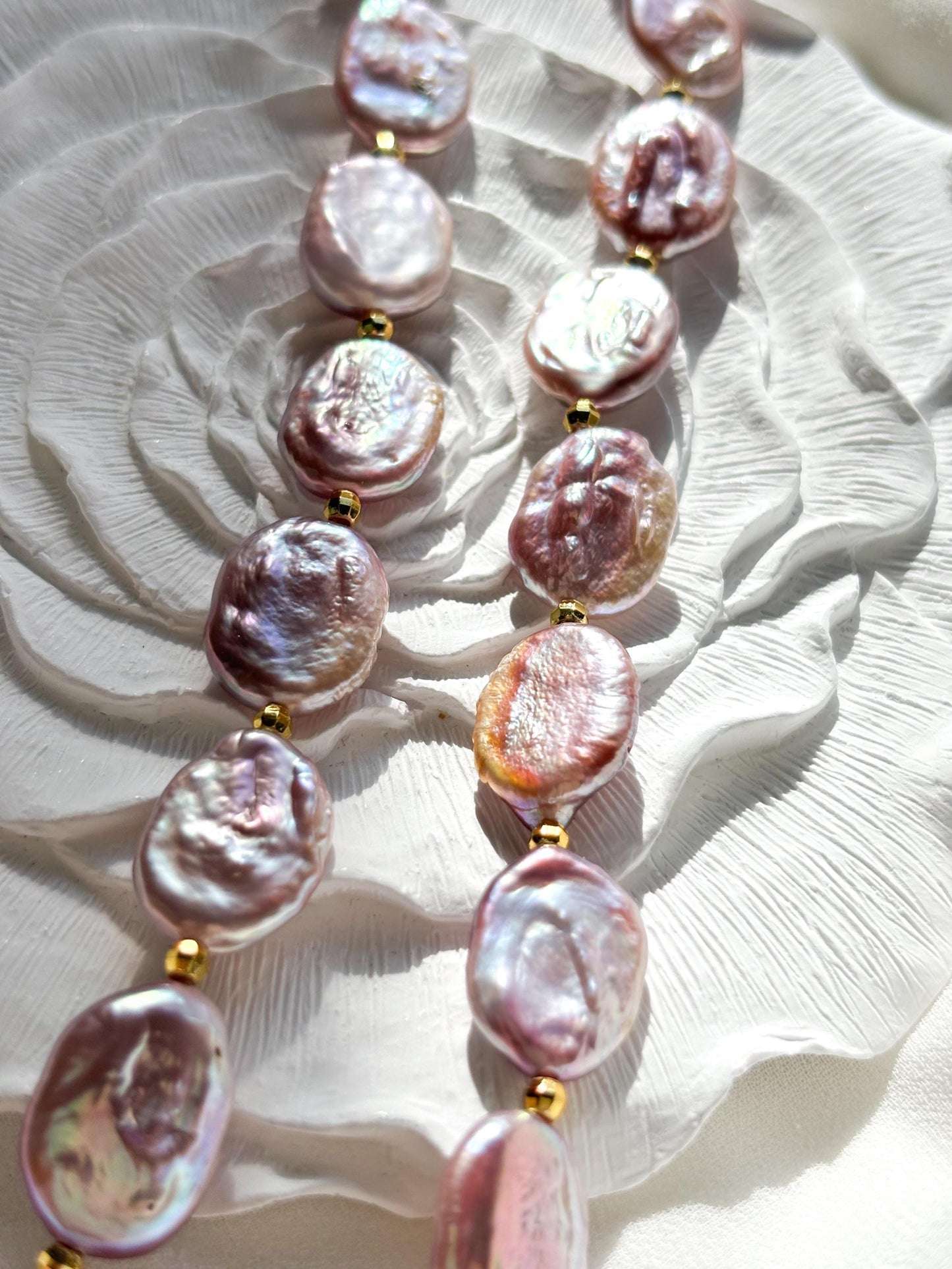 Twilight Aura – Purple Baroque Coin Pearl Necklace with Gold Accents