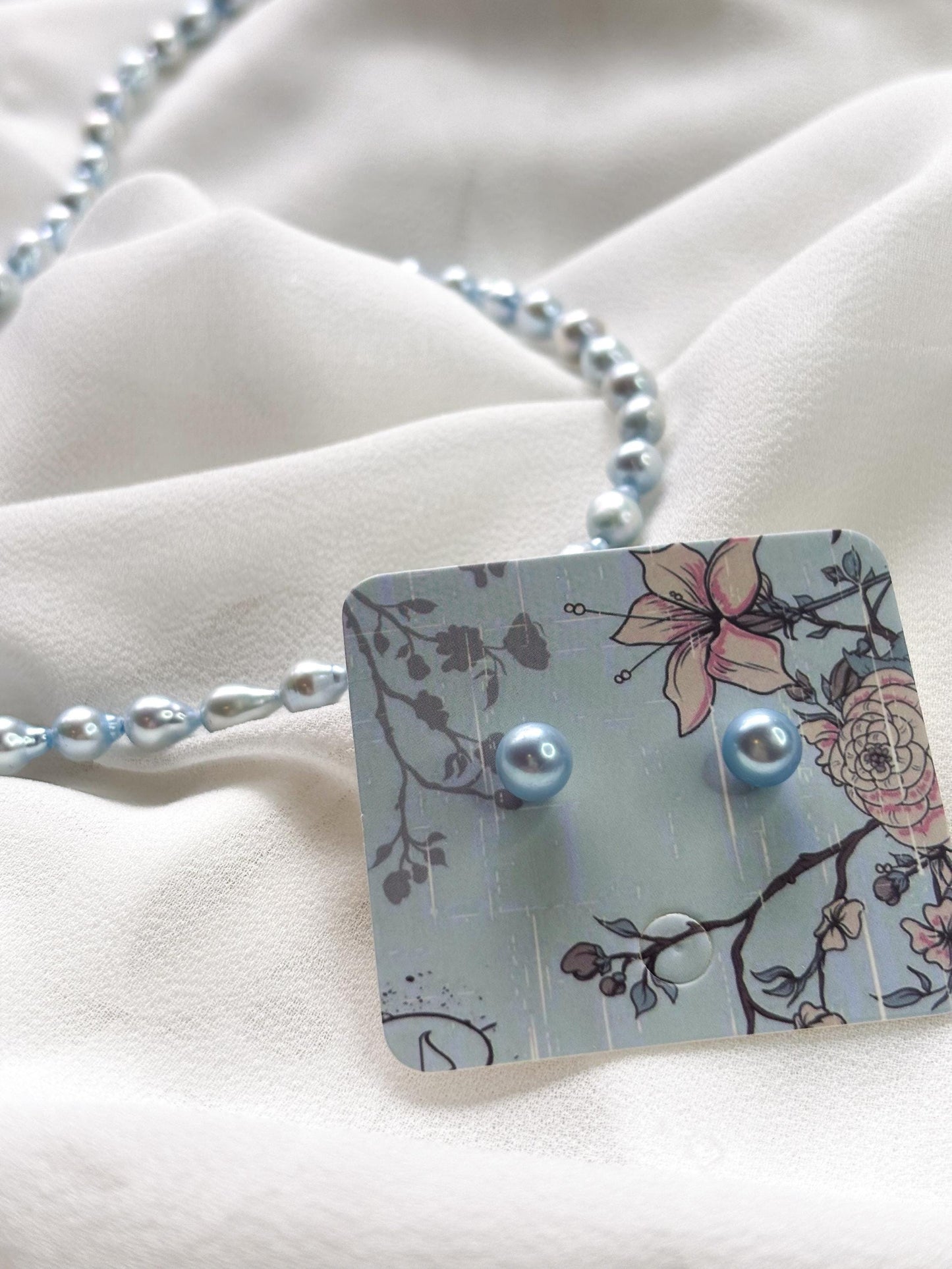 Bluebell Bloom – Teardrop Pearl Necklace & Baby Blue Stud Earrings Set
