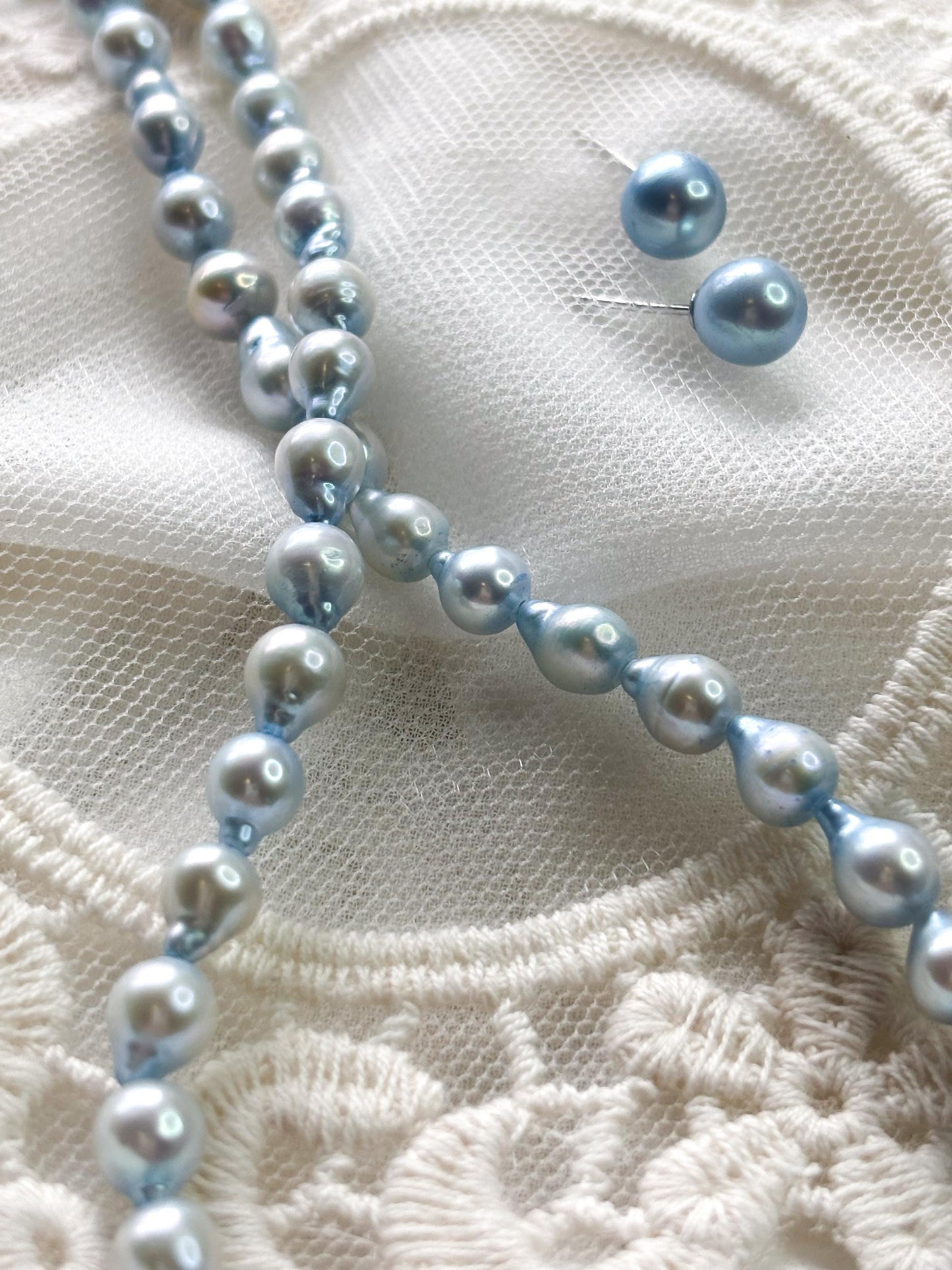 Bluebell Bloom – Teardrop Pearl Necklace & Baby Blue Stud Earrings Set