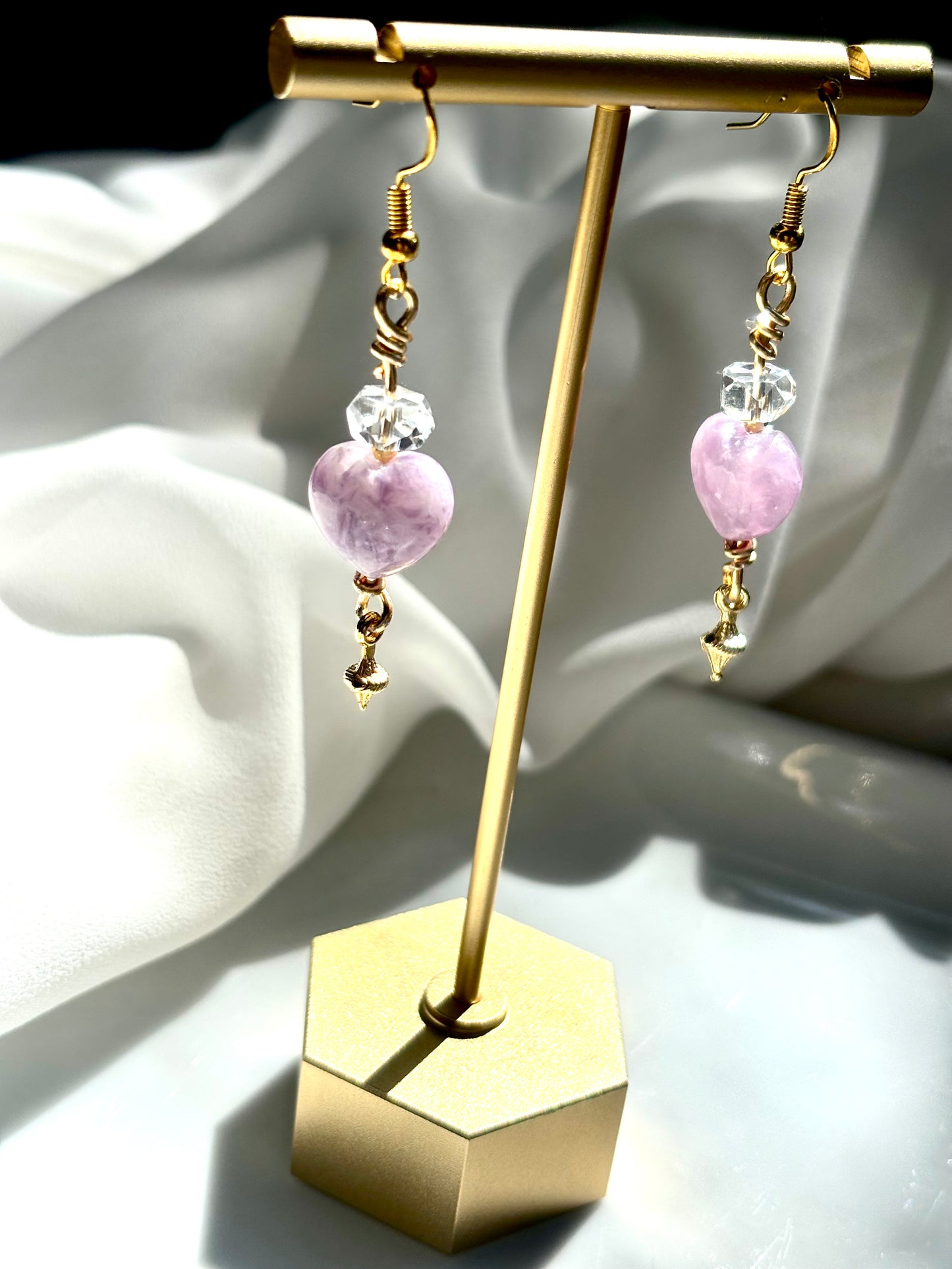 Lepidolite Heart Calm – Lepidolite & Clear Quartz Drop Earrings