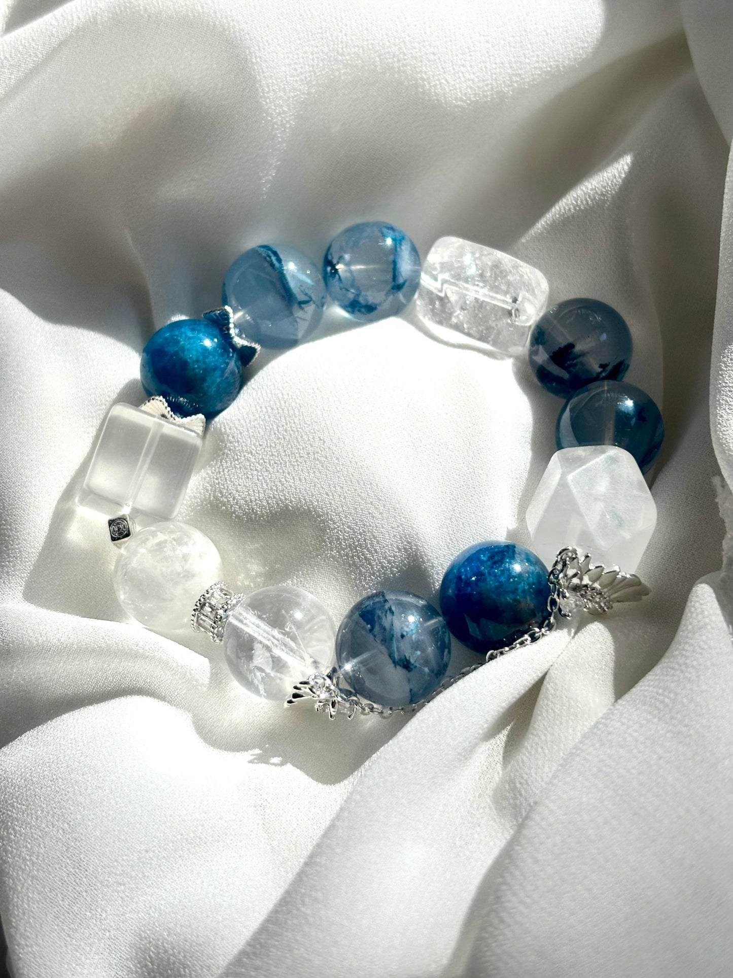 Celestial Whisper – Blue Apatite & Clear Quartz Angel Bracelet