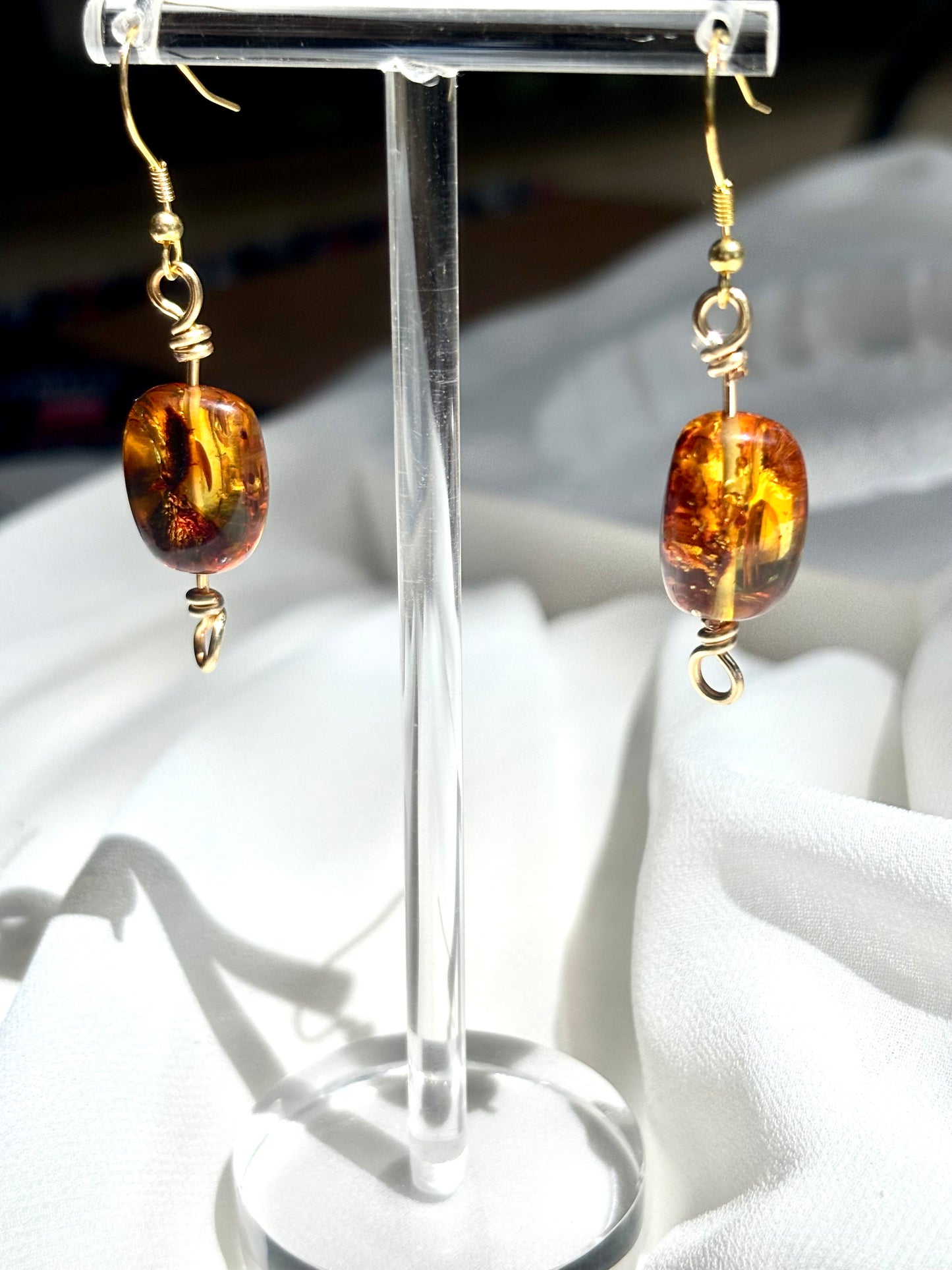 Elegant Chunky Natural Amber Dangling Gold-Plated 925 Sterling Silver Wire Earrings