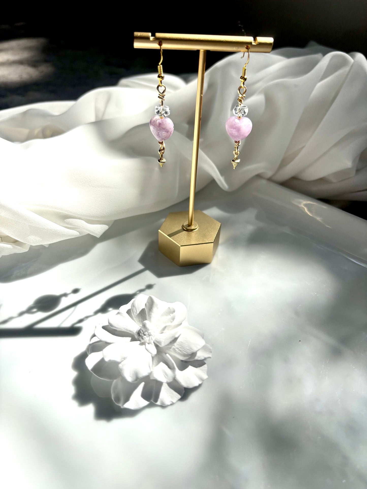 Lepidolite Heart Calm – Lepidolite & Clear Quartz Drop Earrings