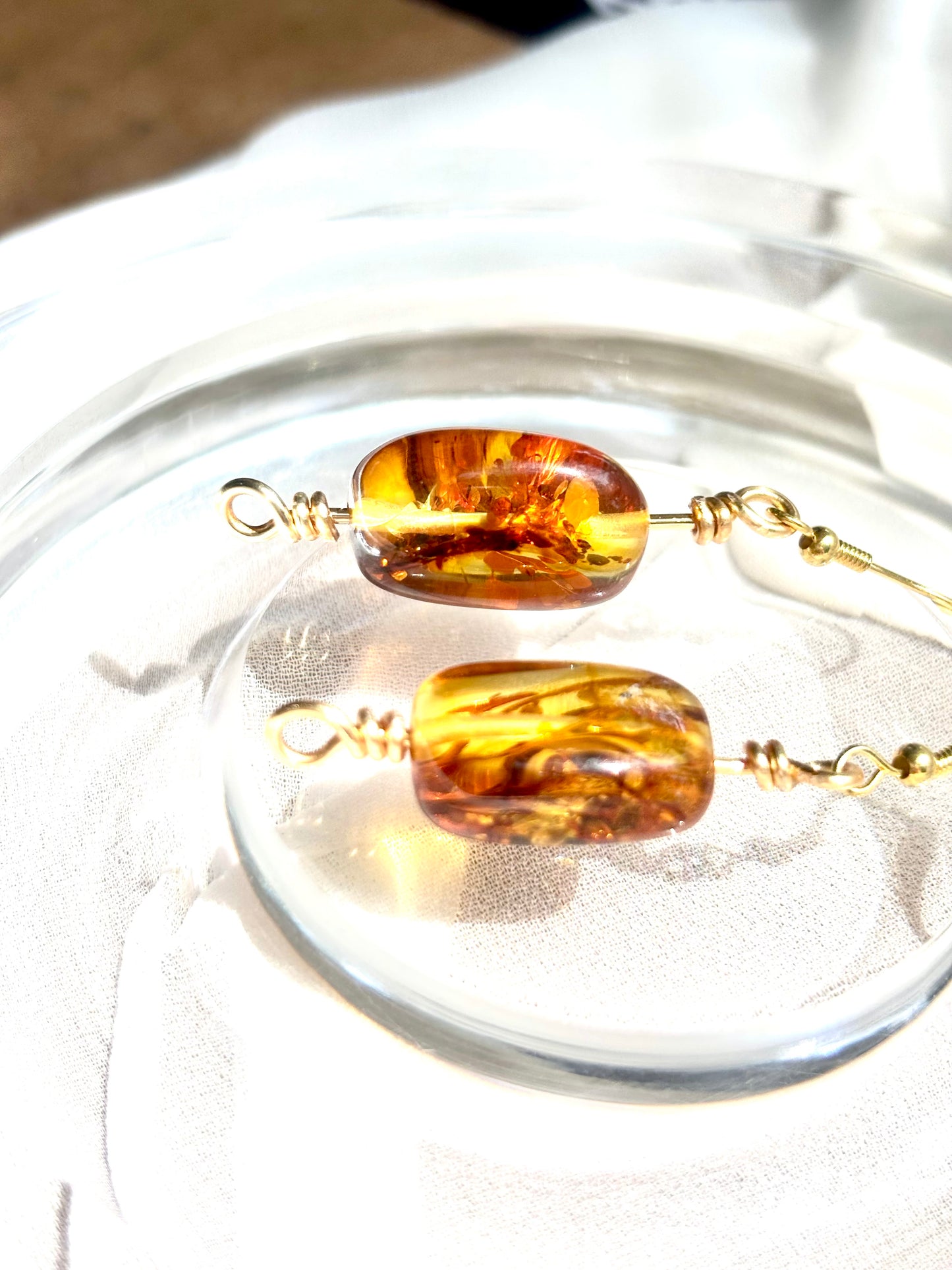 Elegant Chunky Natural Amber Dangling Gold-Plated 925 Sterling Silver Wire Earrings