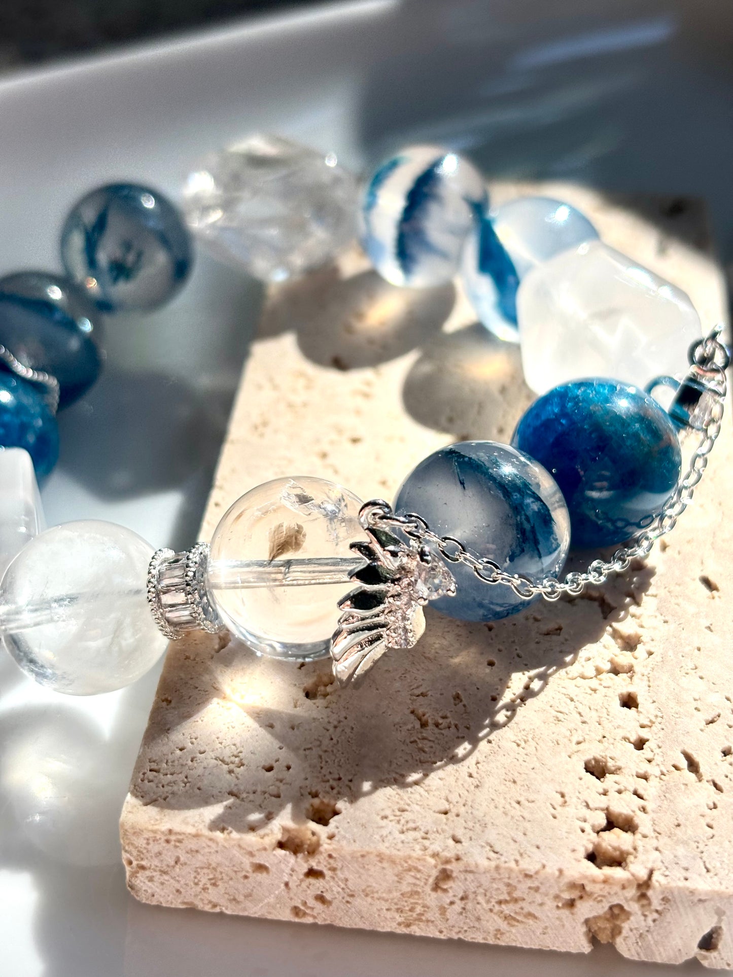 Celestial Whisper – Blue Apatite & Clear Quartz Angel Bracelet