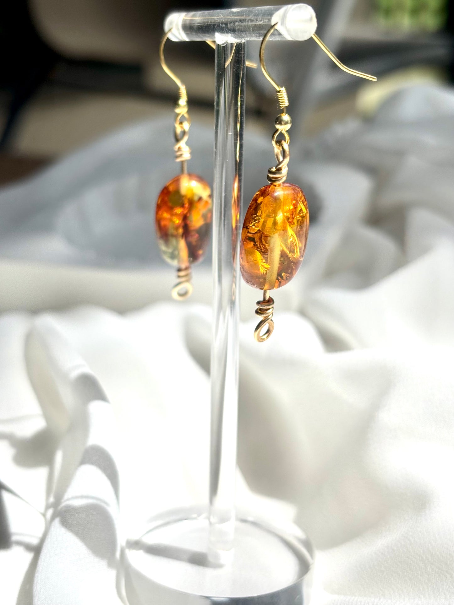 Elegant Chunky Natural Amber Dangling Gold-Plated 925 Sterling Silver Wire Earrings