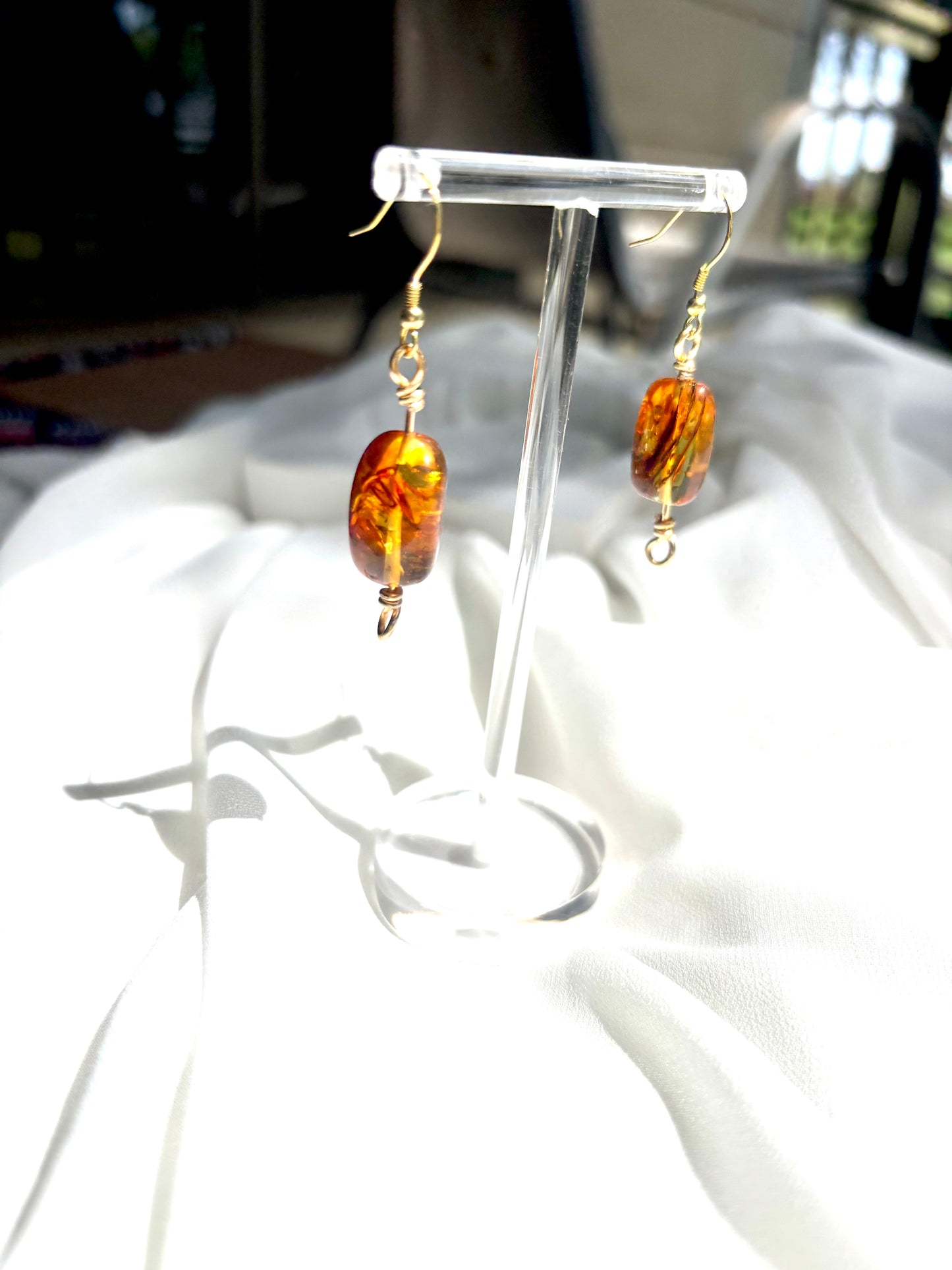 Elegant Chunky Natural Amber Dangling Gold-Plated 925 Sterling Silver Wire Earrings