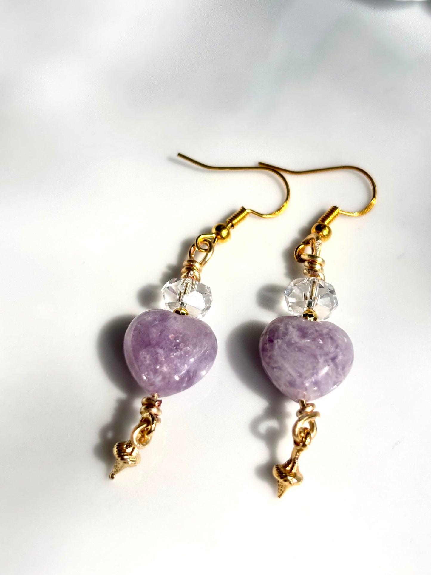 Lepidolite Heart Calm – Lepidolite & Clear Quartz Drop Earrings