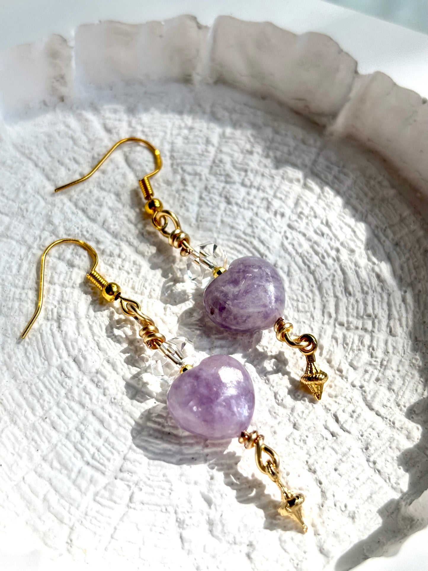 Lepidolite Heart Calm – Lepidolite & Clear Quartz Drop Earrings