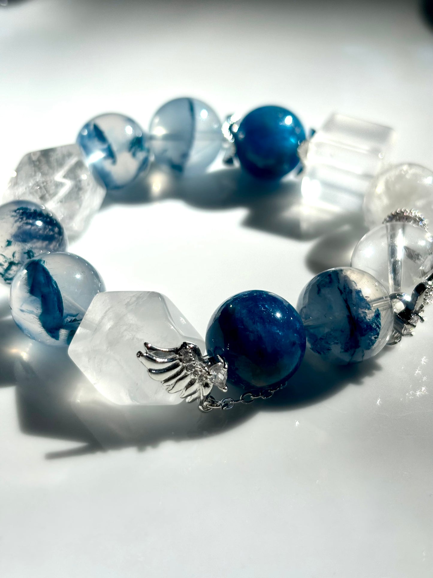 Celestial Whisper – Blue Apatite & Clear Quartz Angel Bracelet