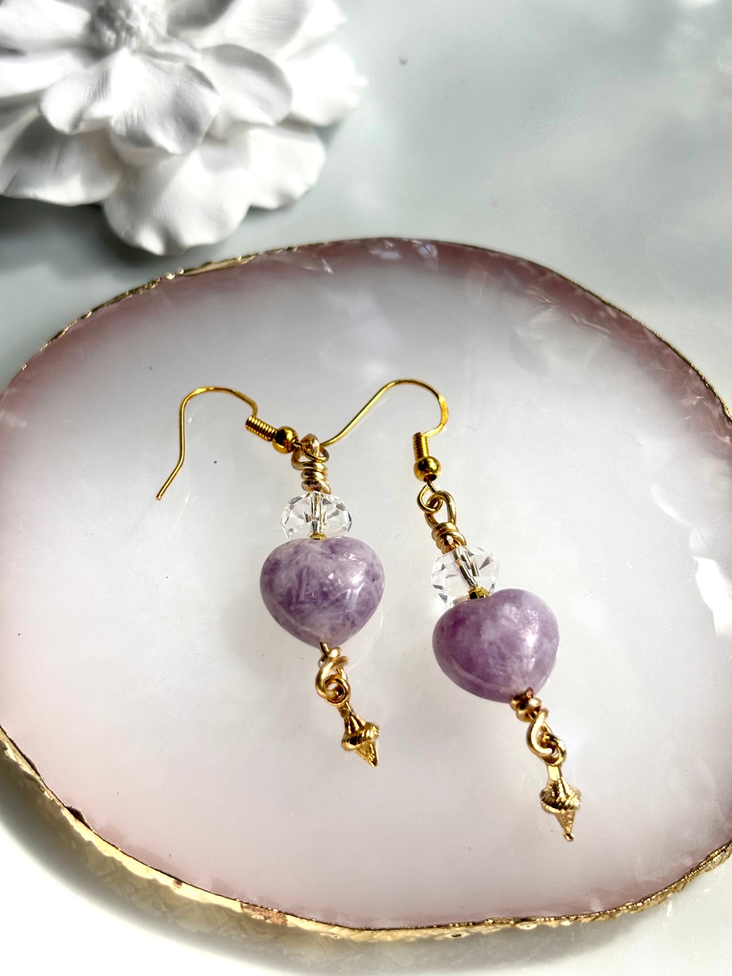 Lepidolite Heart Calm – Lepidolite & Clear Quartz Drop Earrings