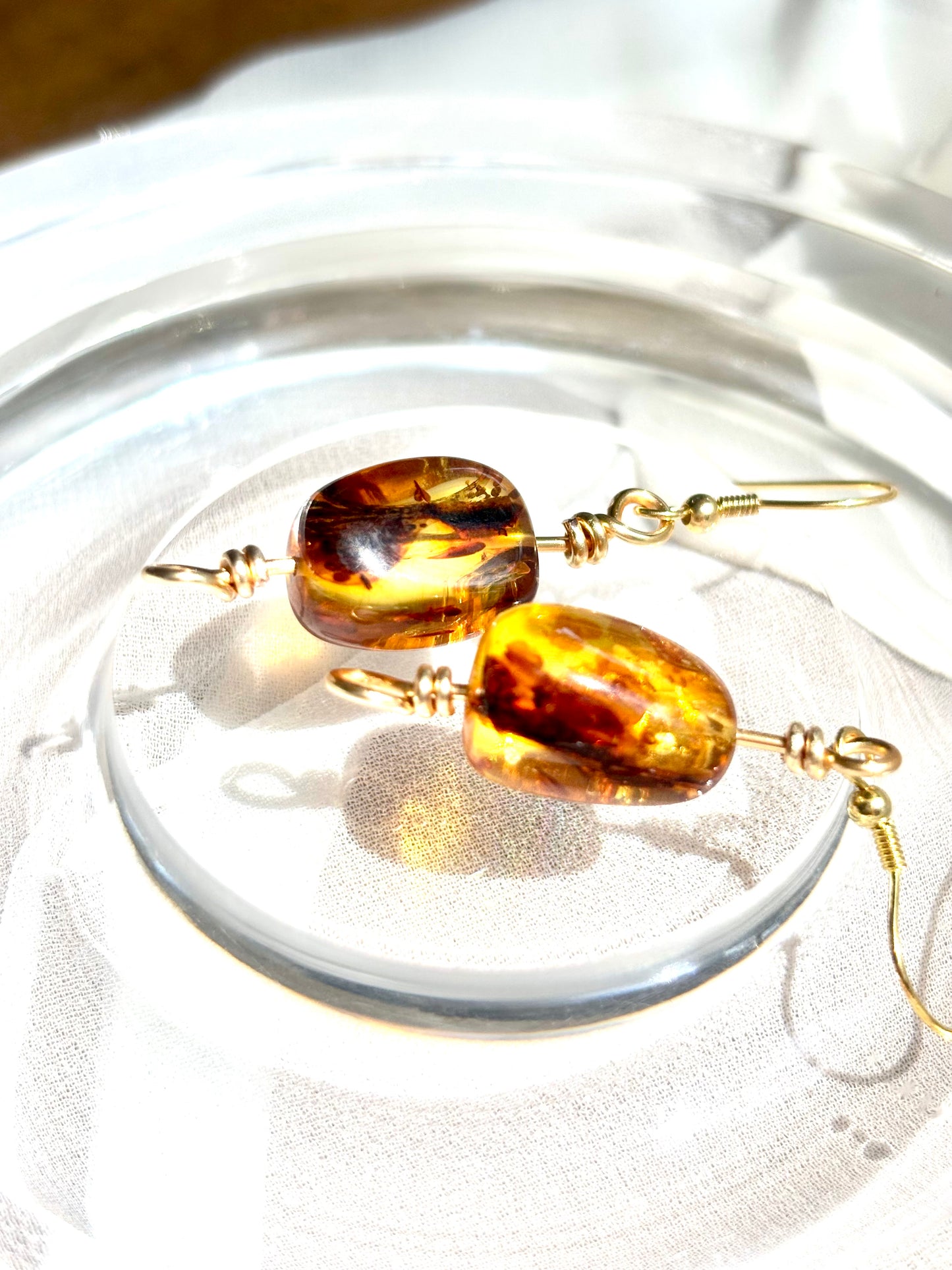 Elegant Chunky Natural Amber Dangling Gold-Plated 925 Sterling Silver Wire Earrings