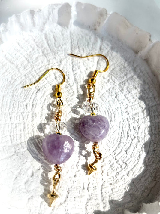 Lepidolite Heart Calm – Lepidolite & Clear Quartz Drop Earrings