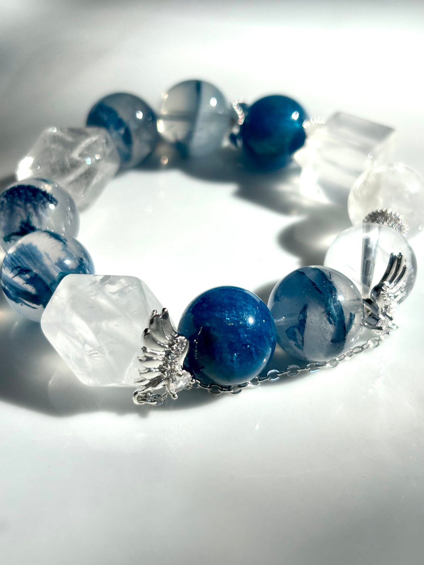 Celestial Whisper – Blue Apatite & Clear Quartz Angel Bracelet