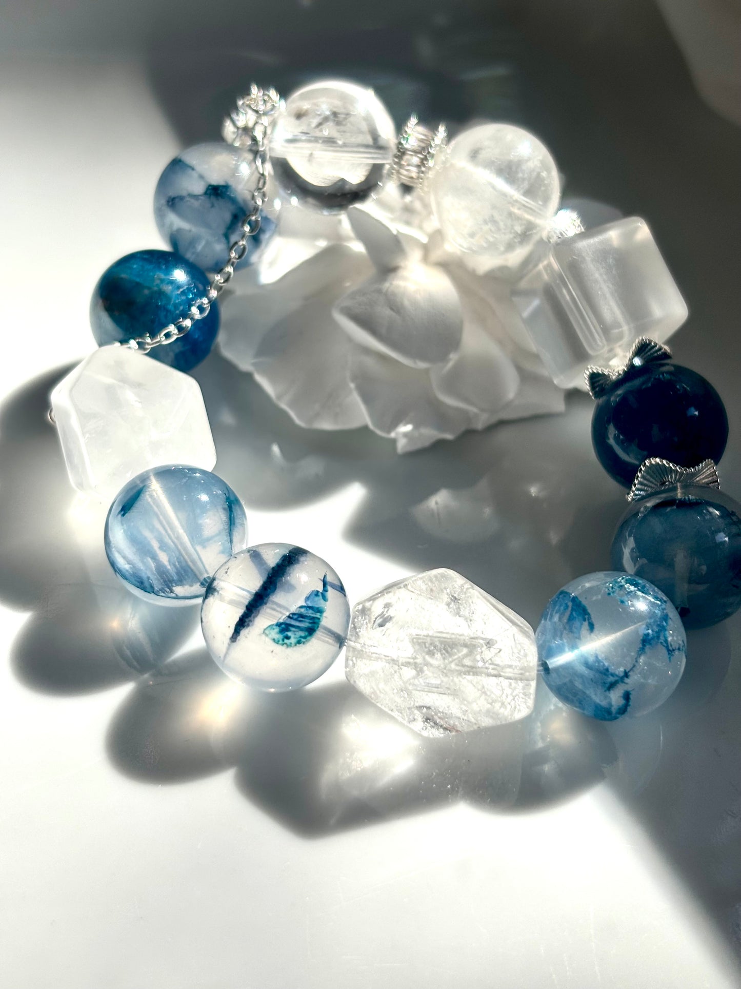 Celestial Whisper – Blue Apatite & Clear Quartz Angel Bracelet
