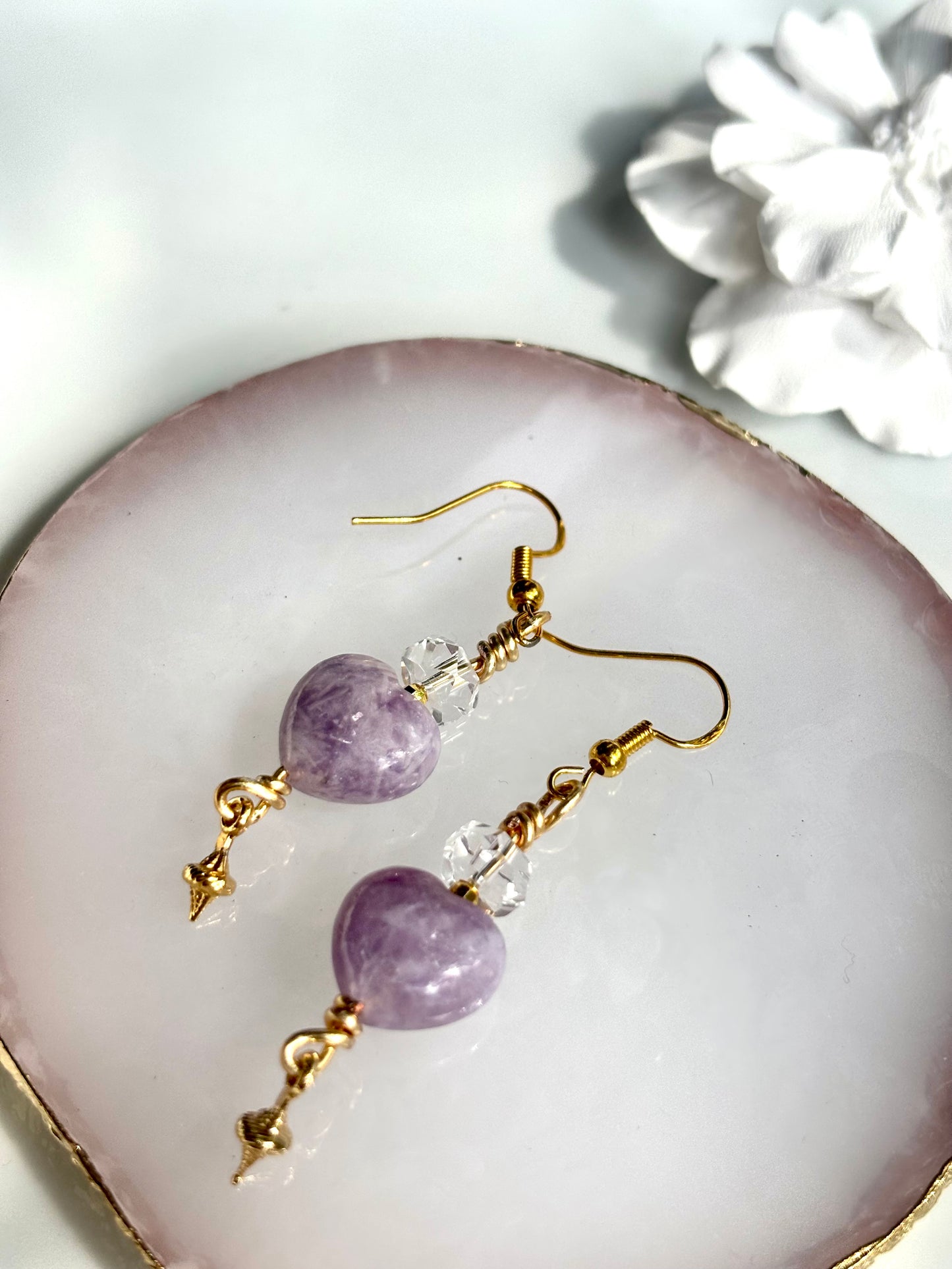 Lepidolite Heart Calm – Lepidolite & Clear Quartz Drop Earrings