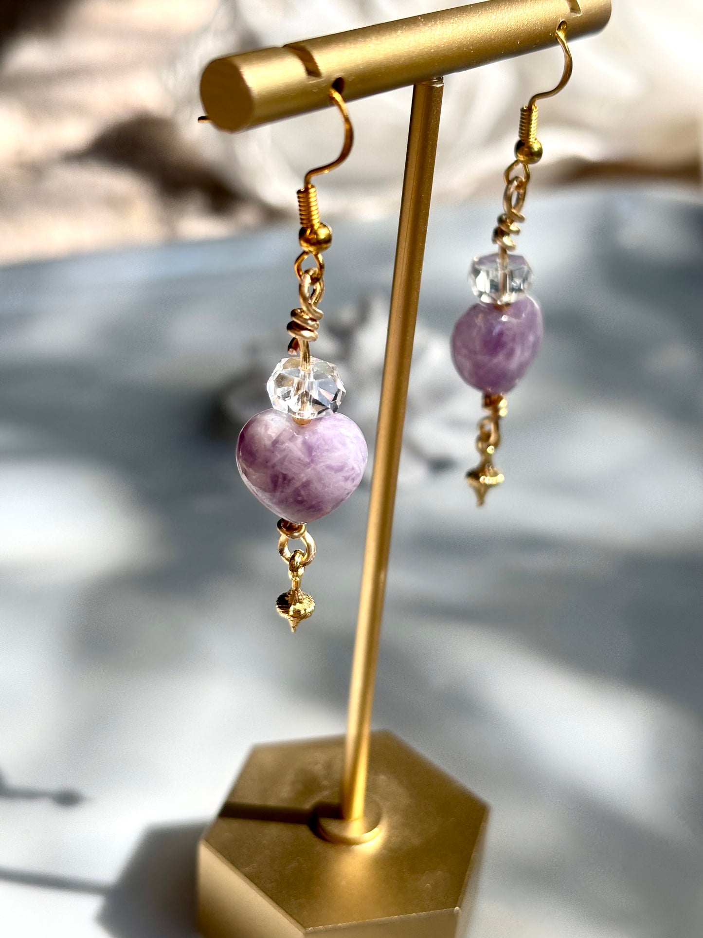 Lepidolite Heart Calm – Lepidolite & Clear Quartz Drop Earrings