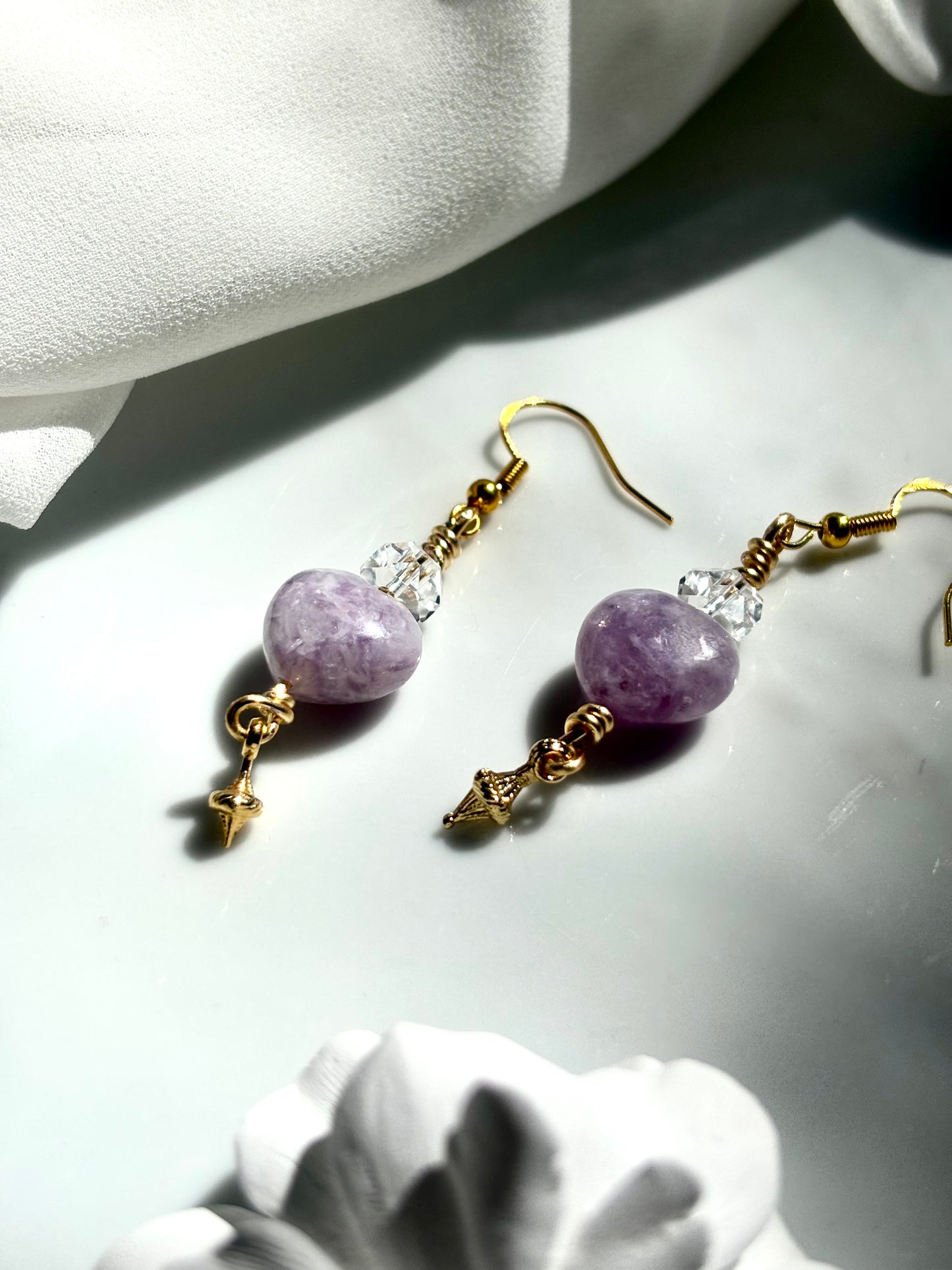Lepidolite Heart Calm – Lepidolite & Clear Quartz Drop Earrings