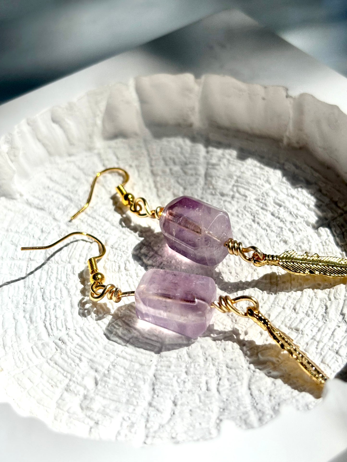Amethyst Feather Whisper – Amethyst Crystal Drop Earrings