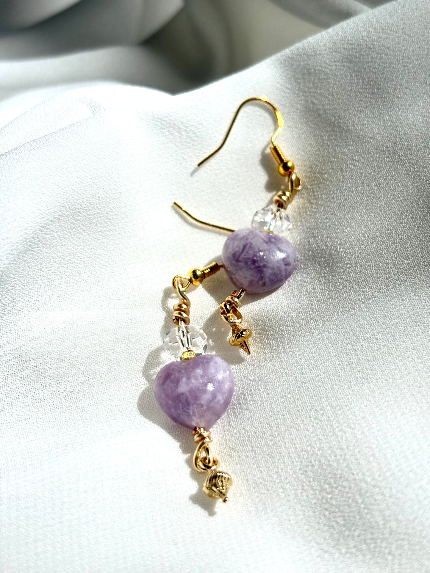 Lepidolite Heart Calm – Lepidolite & Clear Quartz Drop Earrings