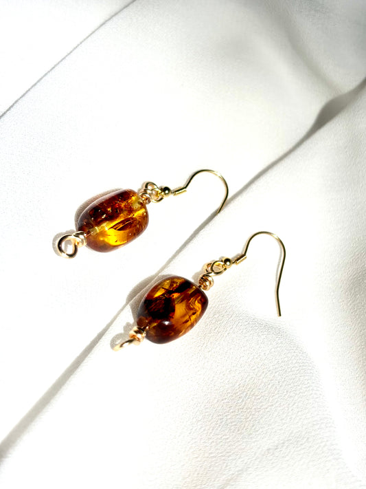 Elegant Chunky Natural Amber Dangling Gold-Plated 925 Sterling Silver Wire Earrings
