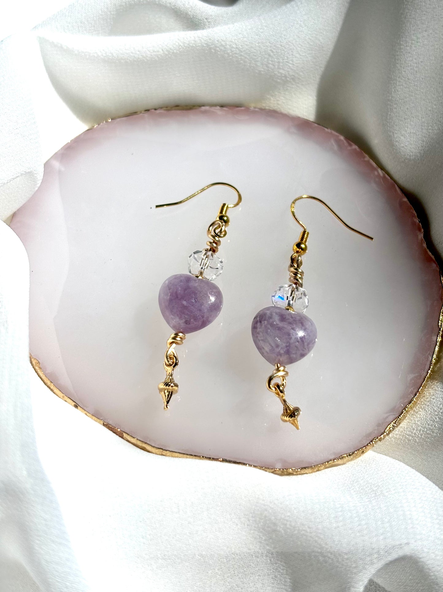 Lepidolite Heart Calm – Lepidolite & Clear Quartz Drop Earrings